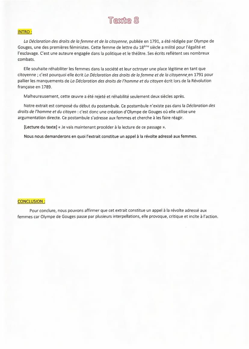 Explication linéaire 8
Postambule imatifs
l'ovie/la vue / l'obs cuantisme
combat des lumieres
métaphore
apostrophe
hyp universalité
Femme, r