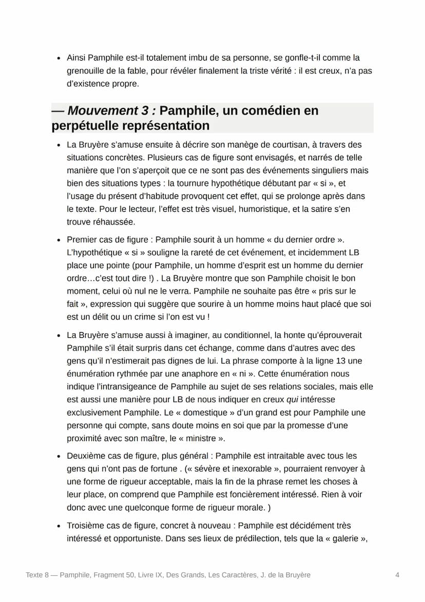 PE
Texte 8 - Pamphile,
50, Livre IX, Des Grands, Les
Caractères, J. de la Bruyère
Pamphile, Fragment
- Texte :
Pamphile ne s'entretient pas 