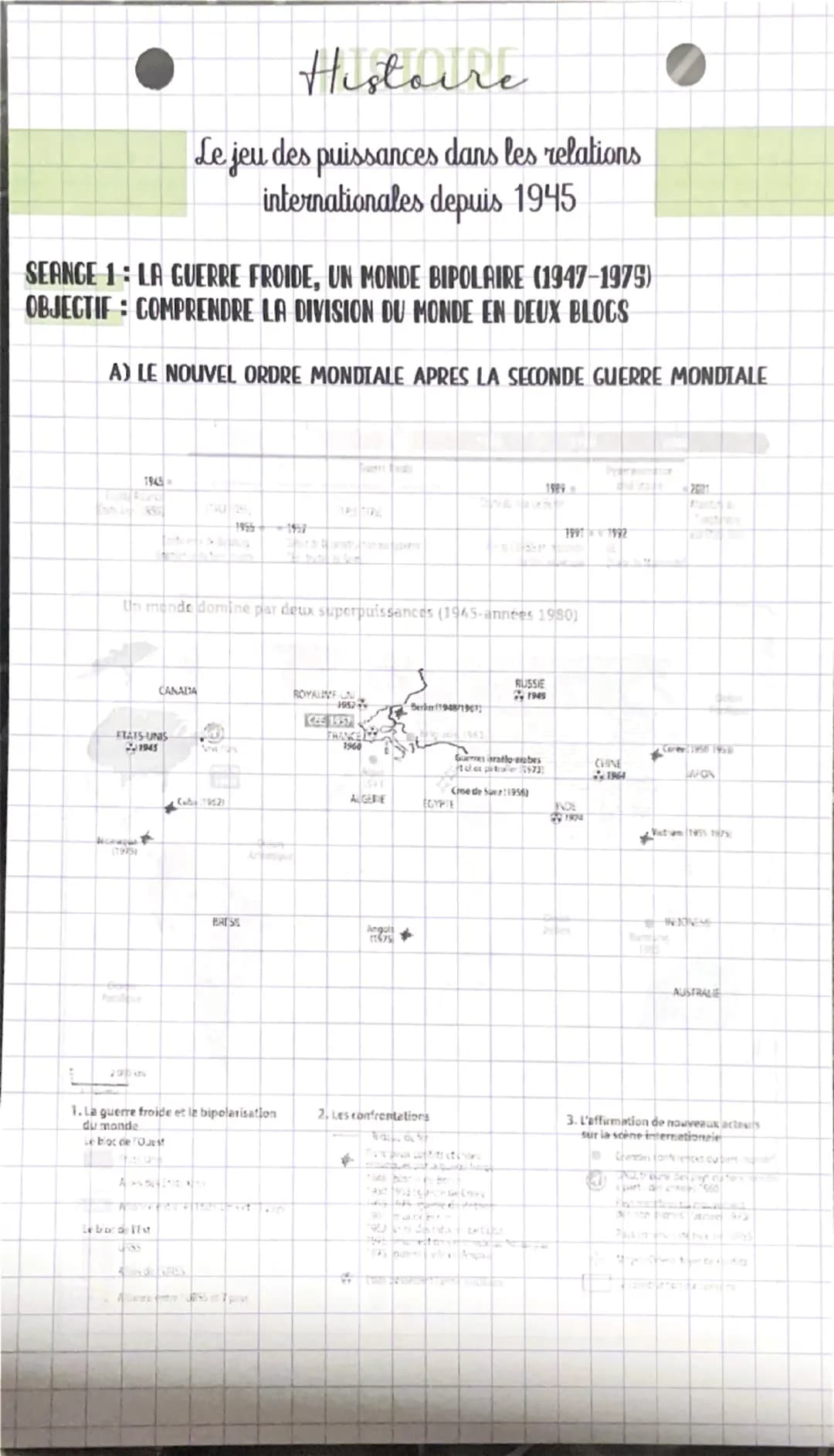 Histoire
Le jeu des puissances dans les relations
internationales depuis 1945
SEANGE 1: LA GUERRE FROIDE, UN MONDE BIPOLAIRE (1947-1975)
OBJ