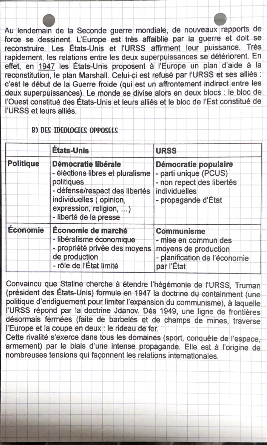 Histoire
Le jeu des puissances dans les relations
internationales depuis 1945
SEANGE 1: LA GUERRE FROIDE, UN MONDE BIPOLAIRE (1947-1975)
OBJ