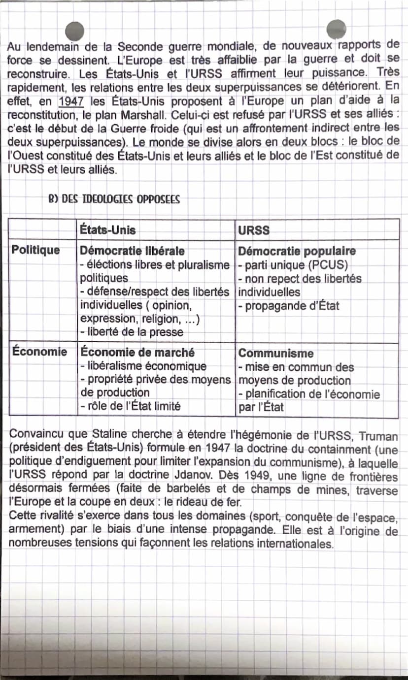Histoire
Le jeu des puissances dans les relations
internationales depuis 1945
SEANGE 1: LA GUERRE FROIDE, UN MONDE BIPOLAIRE (1947-1975)
OBJ