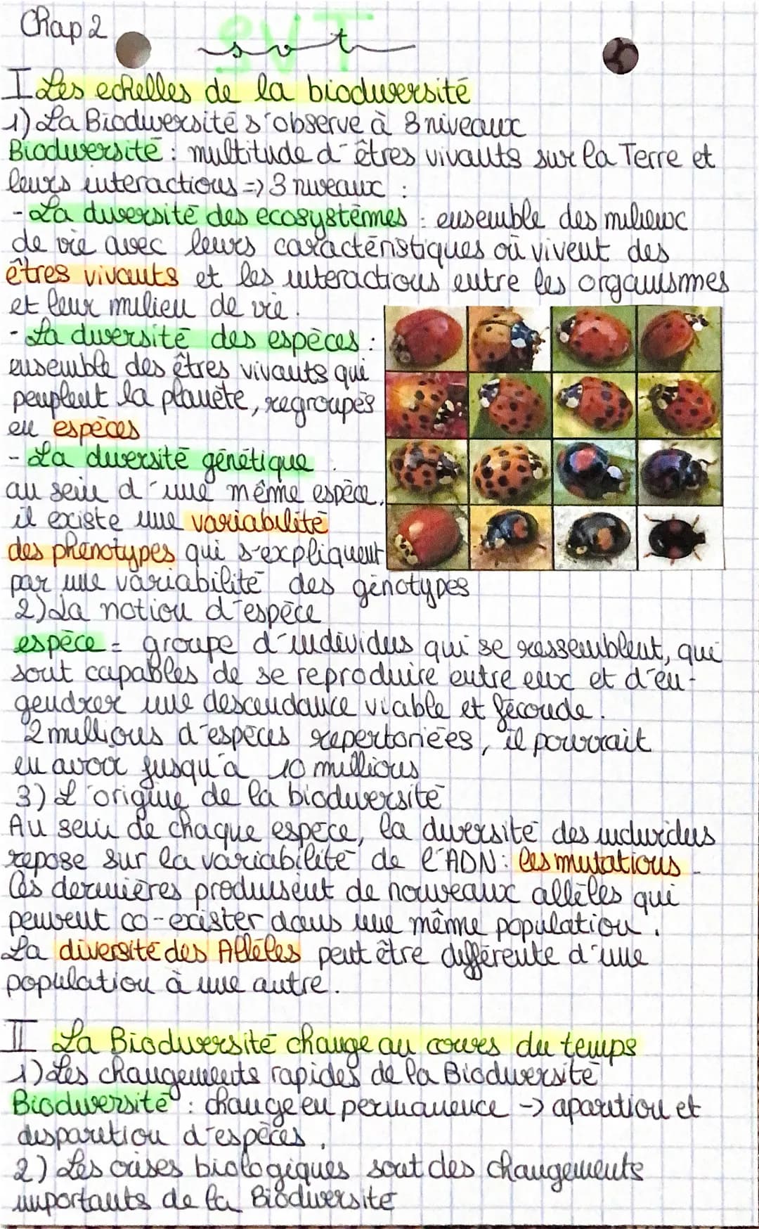 Chap 2
t
I Les echelles de la biodiversité
1) La Biodiversité s'observe à 8 niveaux
Biodiversite: multitude d'êtres vivants sur la Terre et
