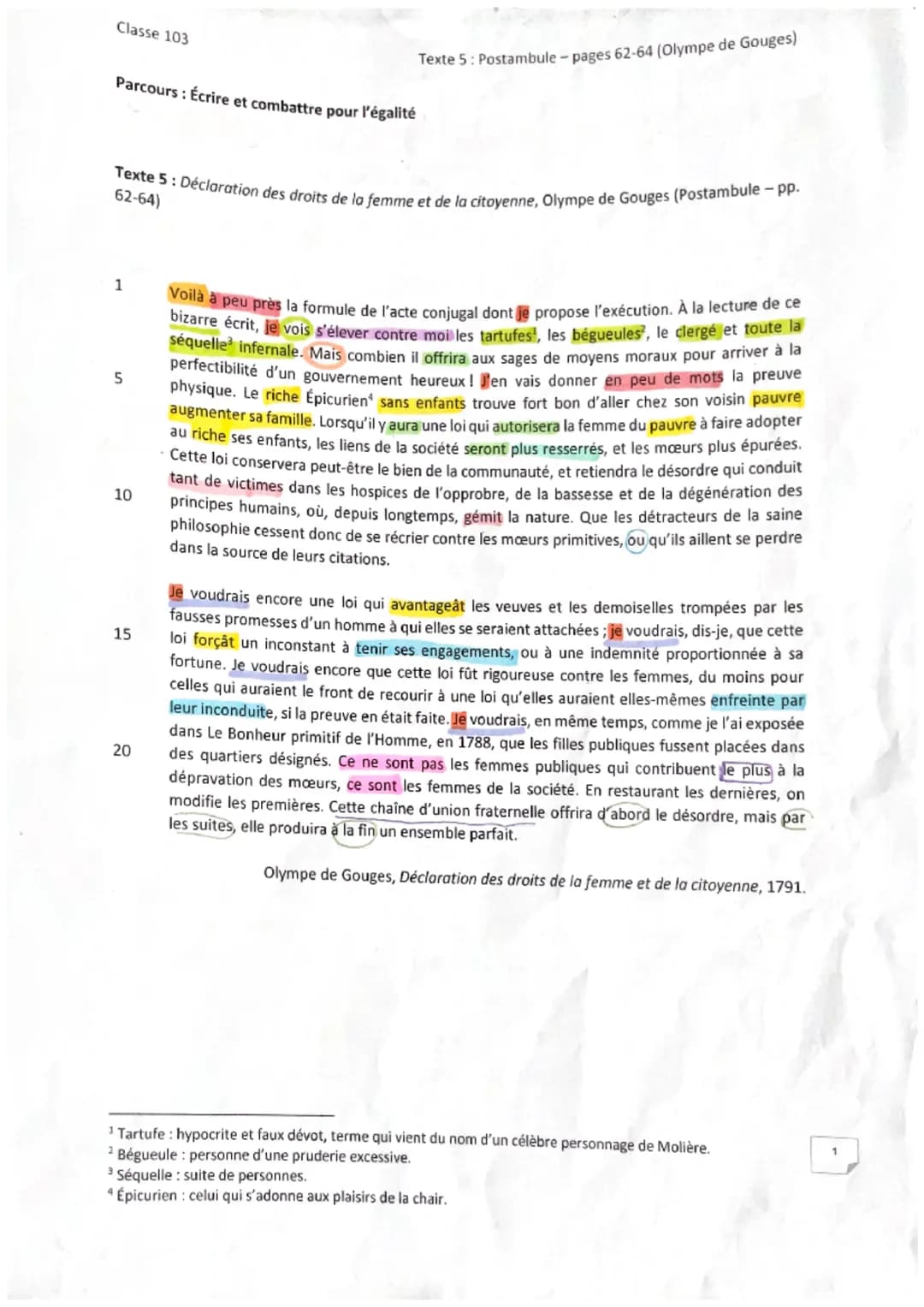 Classe 103
Parcours: Écrire et combattre pour l'égalité
Texte 5: Déclaration des droits de la femme et de la citoyenne, Olympe de Gouges (Po
