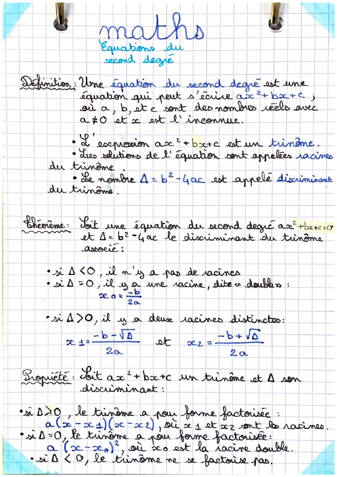 Definition: Une équation du second degre est une
s'écrire ax
maths
Equations du
second degré
●
५'
expression ax ²+bx+c est un tumême.
Les so