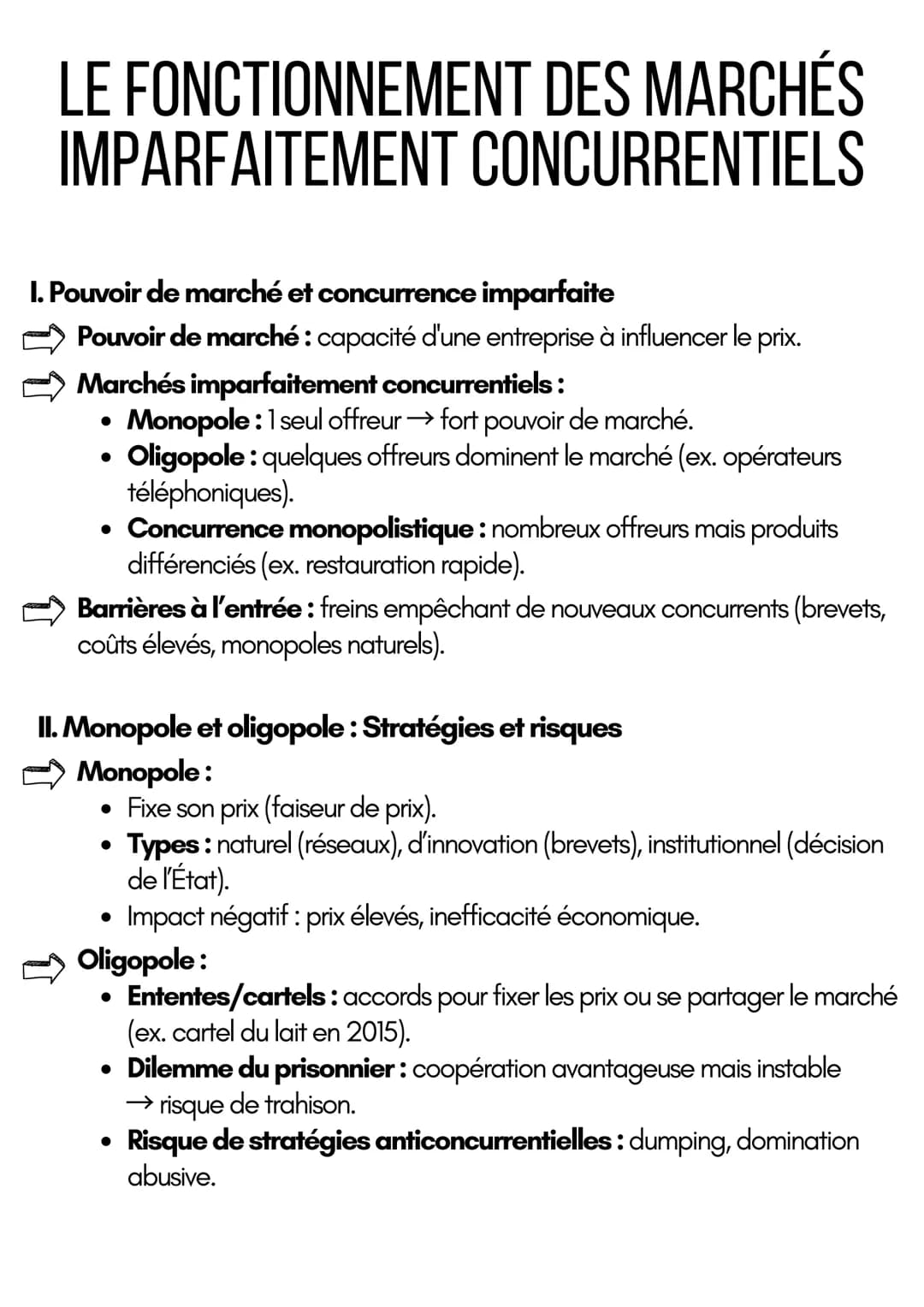 LE FONCTIONNEMENT DES MARCHÉS
IMPARFAITEMENT CONCURRENTIELS
I. Pouvoir de marché et concurrence imparfaite
Pouvoir de marché: capacité d'une