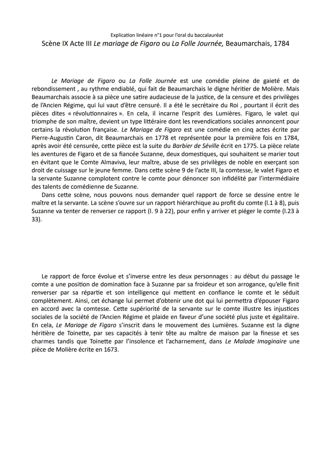 Explication linéaire n°1 pour l'oral du baccalauréat
Scène IX Acte III Le mariage de Figaro ou La Folle Journée, Beaumarchais, 1784
Le Maria