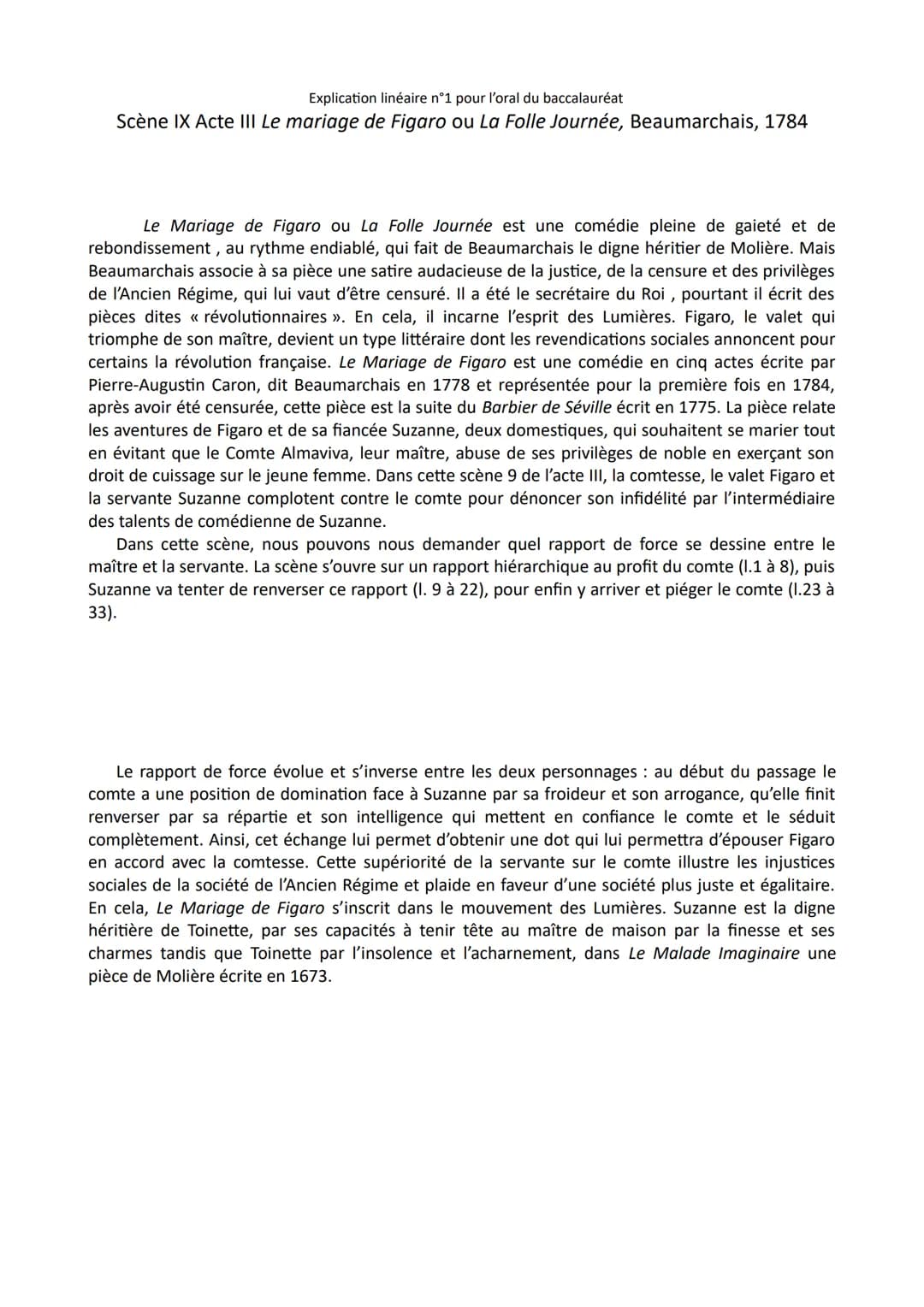 Explication linéaire n°1 pour l'oral du baccalauréat
Scène IX Acte III Le mariage de Figaro ou La Folle Journée, Beaumarchais, 1784
Le Maria