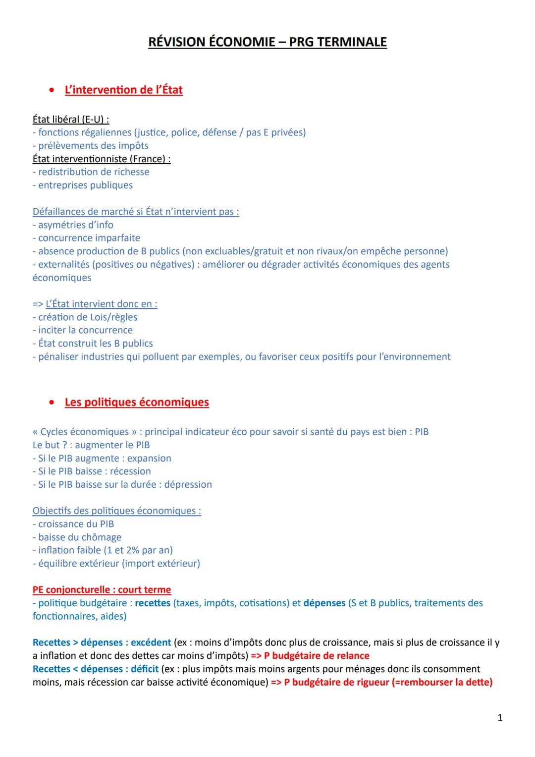 RÉVISION ÉCONOMIE - PRG TERMINALE
L'intervention de l'État
État libéral (E-U) :
- fonctions régaliennes (justice, police, défense / pas E pr