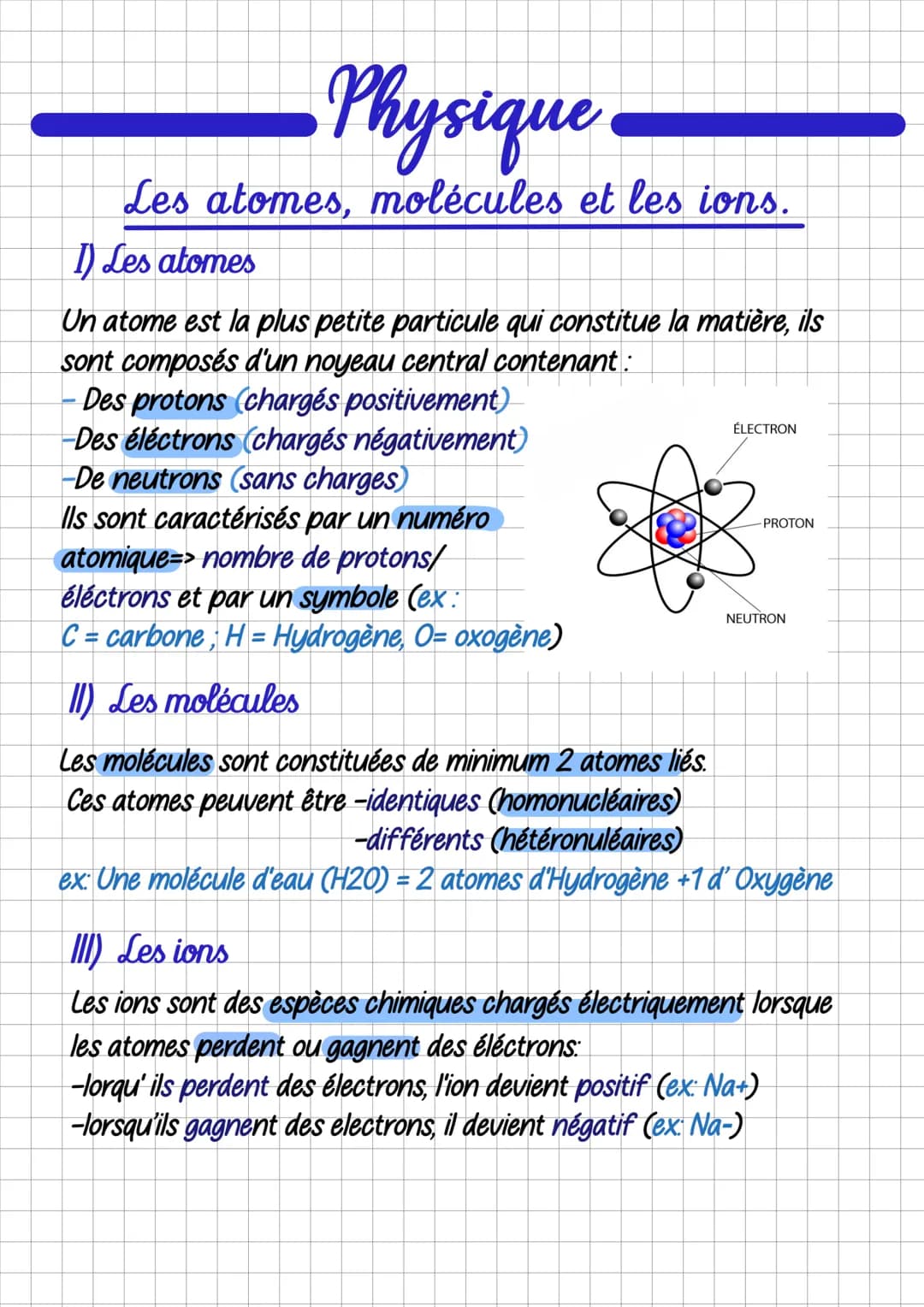 Physique
Les atomes, molécules et les ions.
1) Les atomes
Un atome est la plus petite particule qui constitue la matière, ils
sont composés 