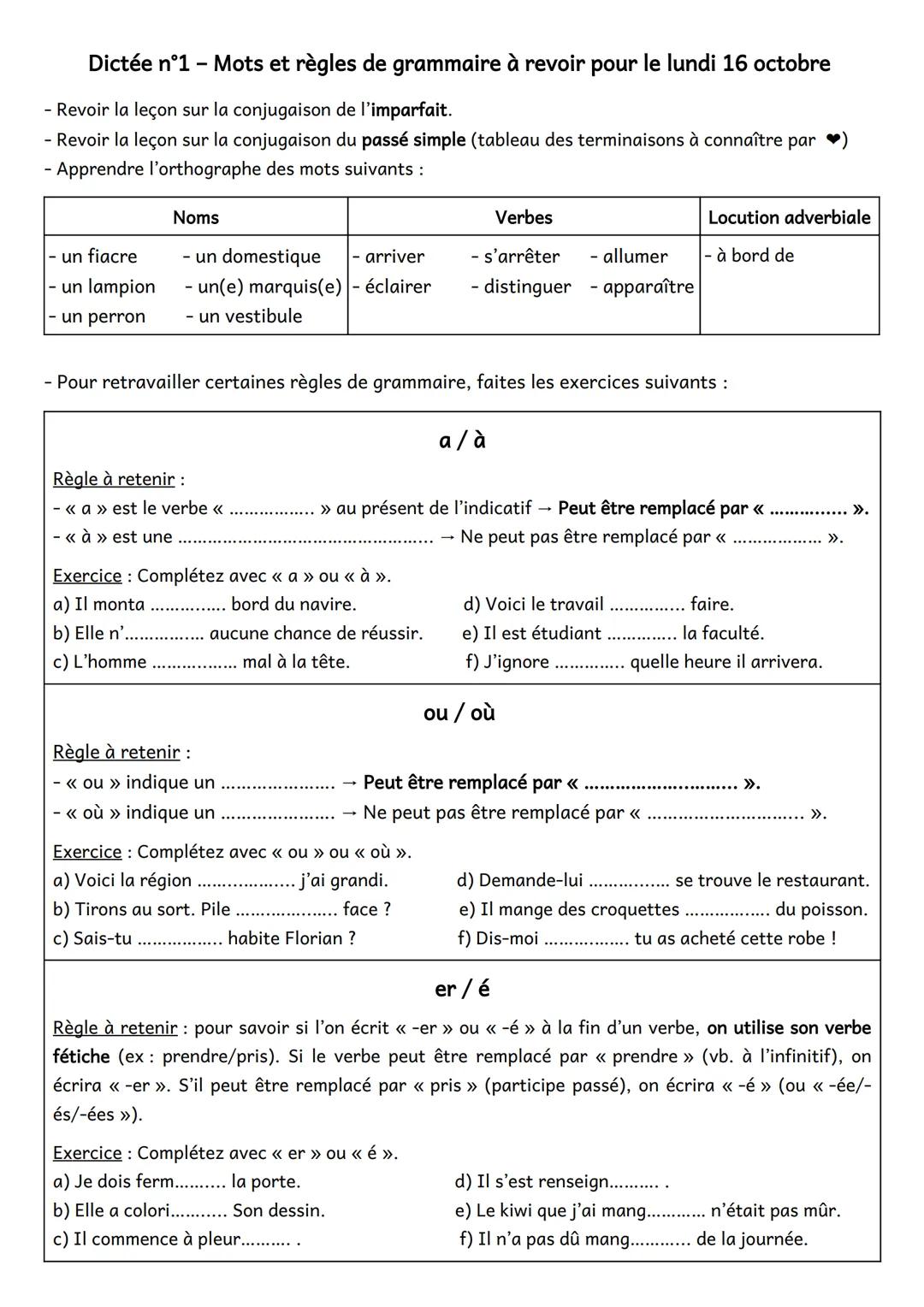 Révision de grammaire et dictée