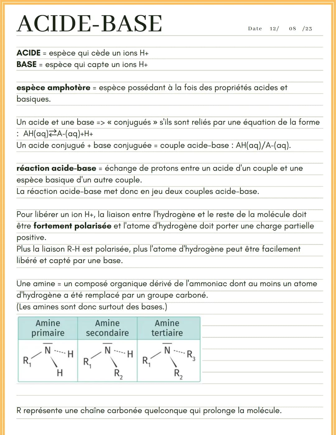 ACIDE-BASE
ACIDE - espèce qui cède un ions H+
=
BASE= espèce qui capte un ions H+
espèce amphotère = espèce possédant à la fois des propriét