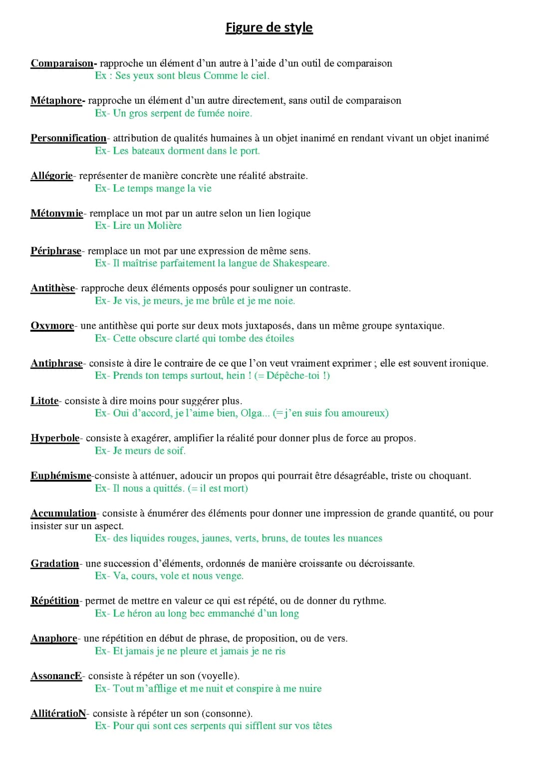 Les 10 principales figures de style: Tableau avec exemples