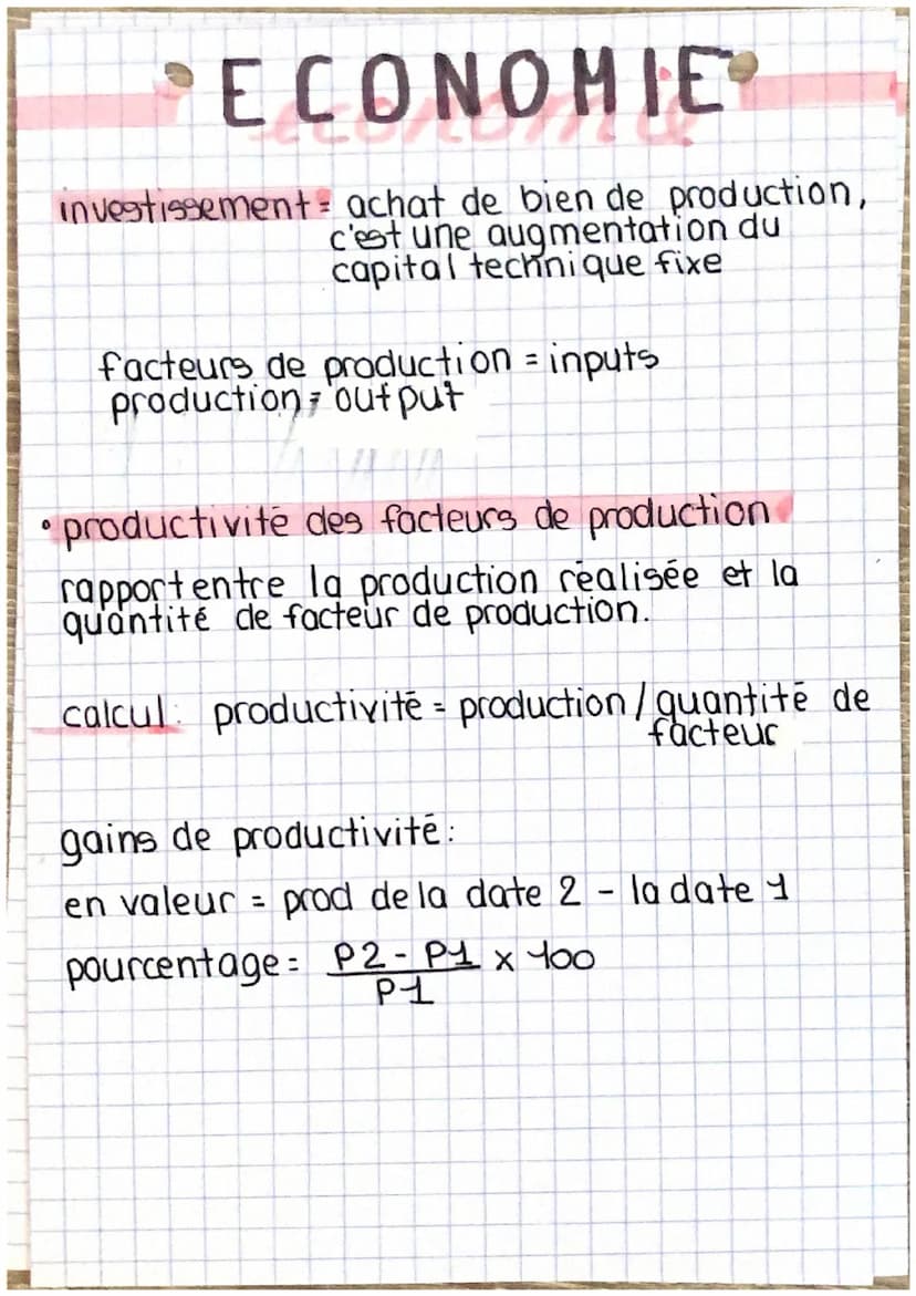 ECONOMIE
LA COMBINAISON DES FACTEURS DE PRODUCTION
facteur de production primaire
- facteur travail (main d'œuvre).
- facteur capital techni