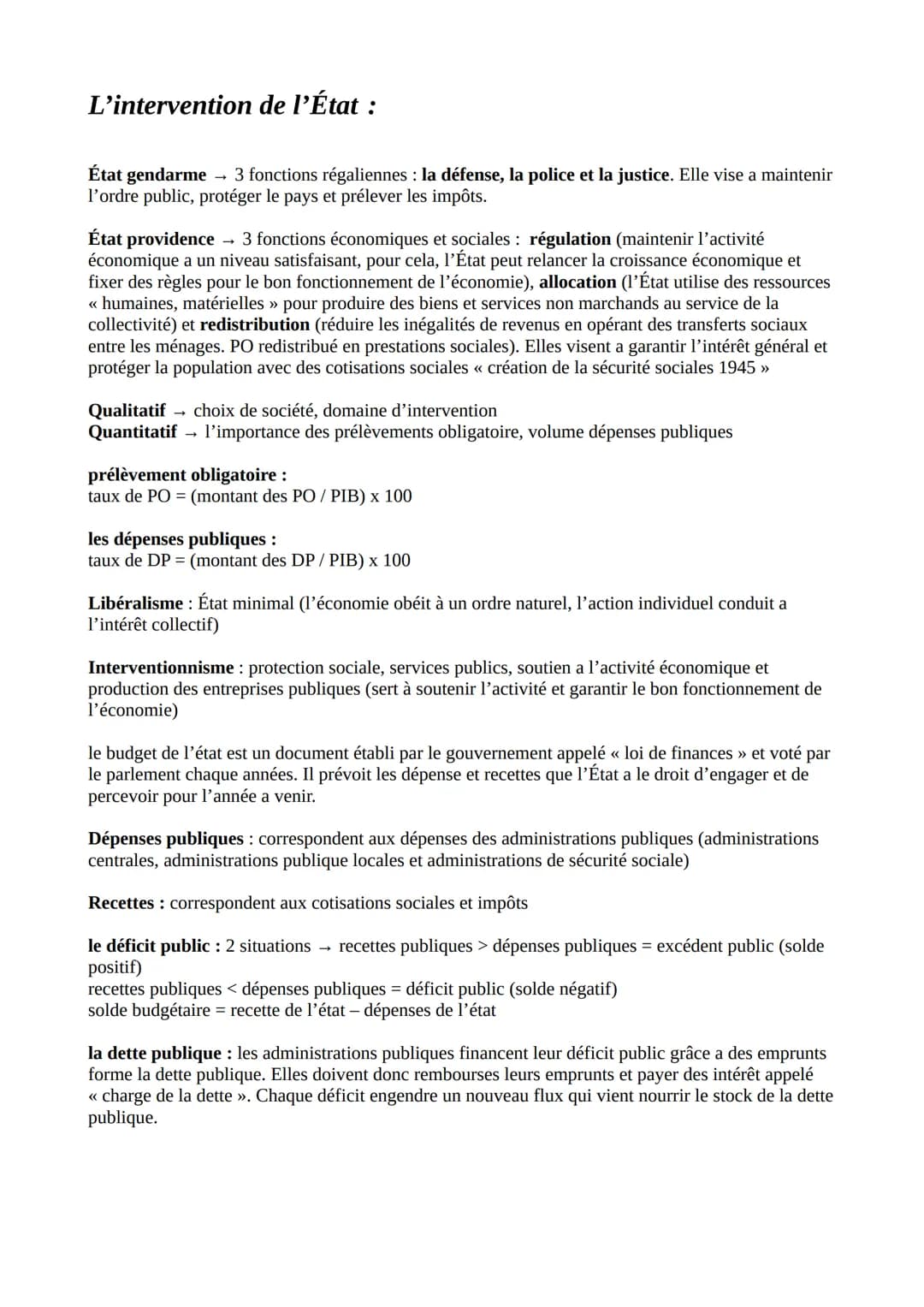 L'intervention de l'État :
État gendarme → 3 fonctions régaliennes : la défense, la police et la justice. Elle vise a maintenir
l'ordre publ