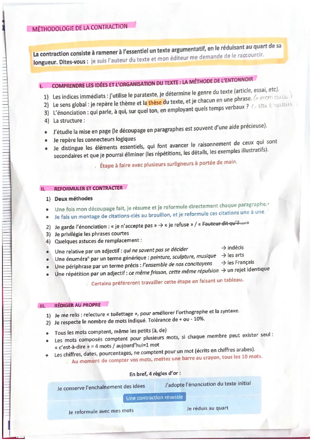 MÉTHODOLOGIE DE LA CONTRACTION
La contraction consiste à ramener à l'essentiel un texte argumentatif, en le réduisant au quart de sa
longueu