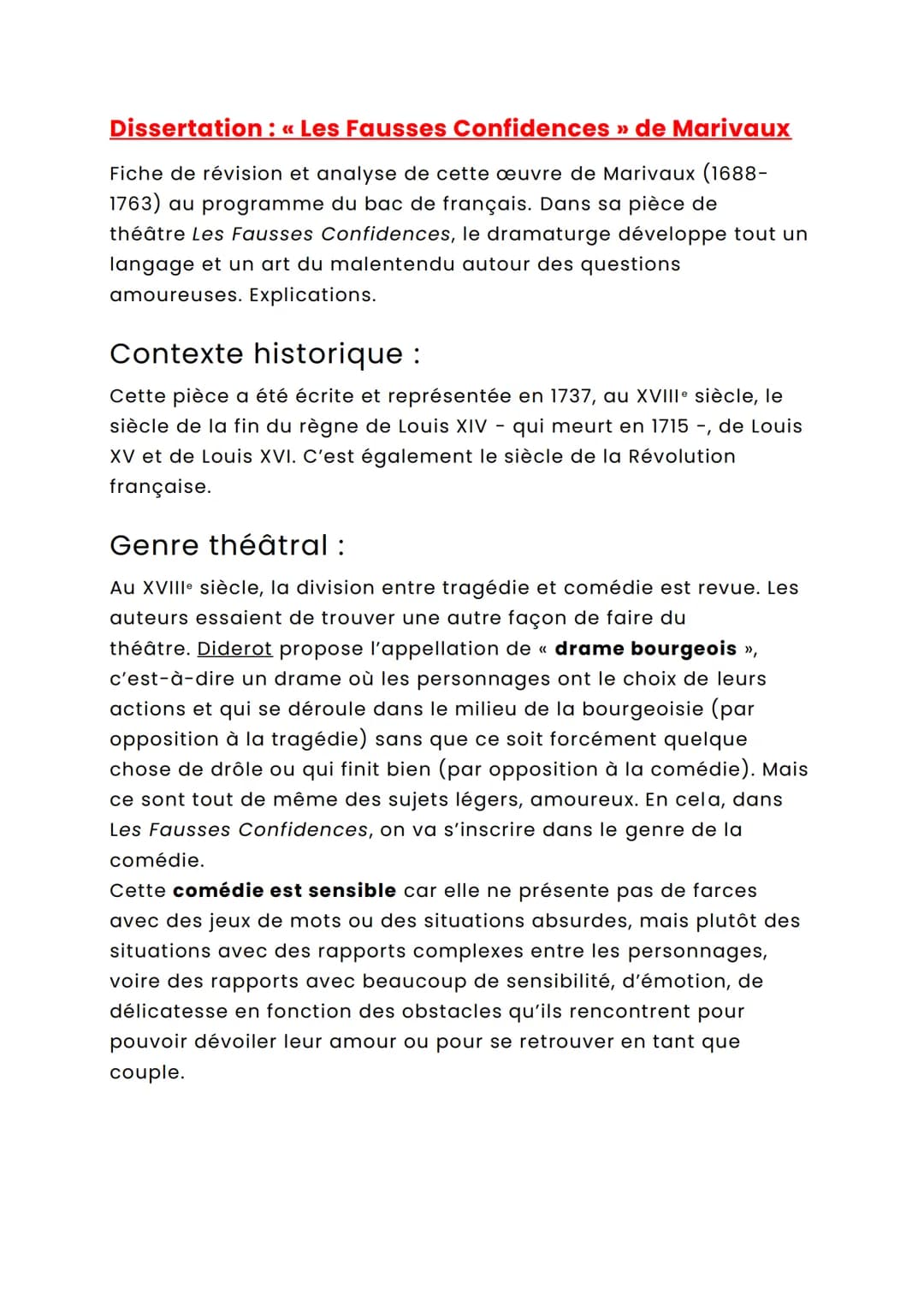 Dissertation : « Les Fausses Confidences » de Marivaux
Fiche de révision et analyse de cette œuvre de Marivaux (1688-
1763) au programme du 