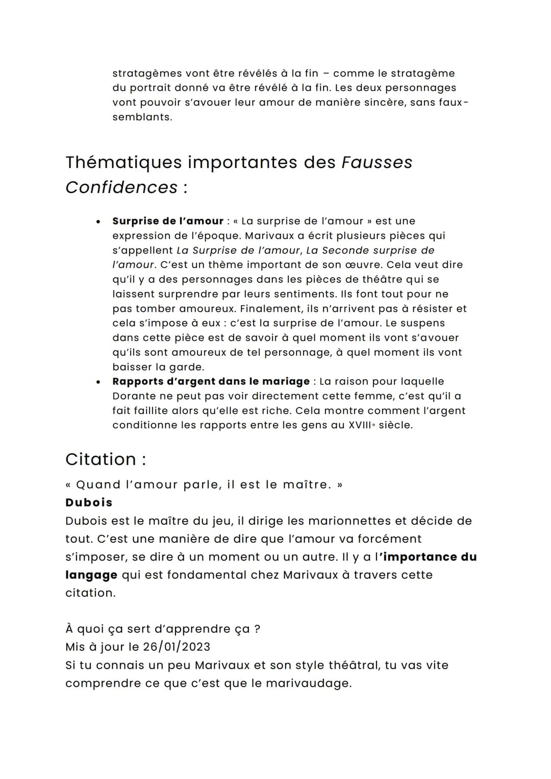 Dissertation : « Les Fausses Confidences » de Marivaux
Fiche de révision et analyse de cette œuvre de Marivaux (1688-
1763) au programme du 