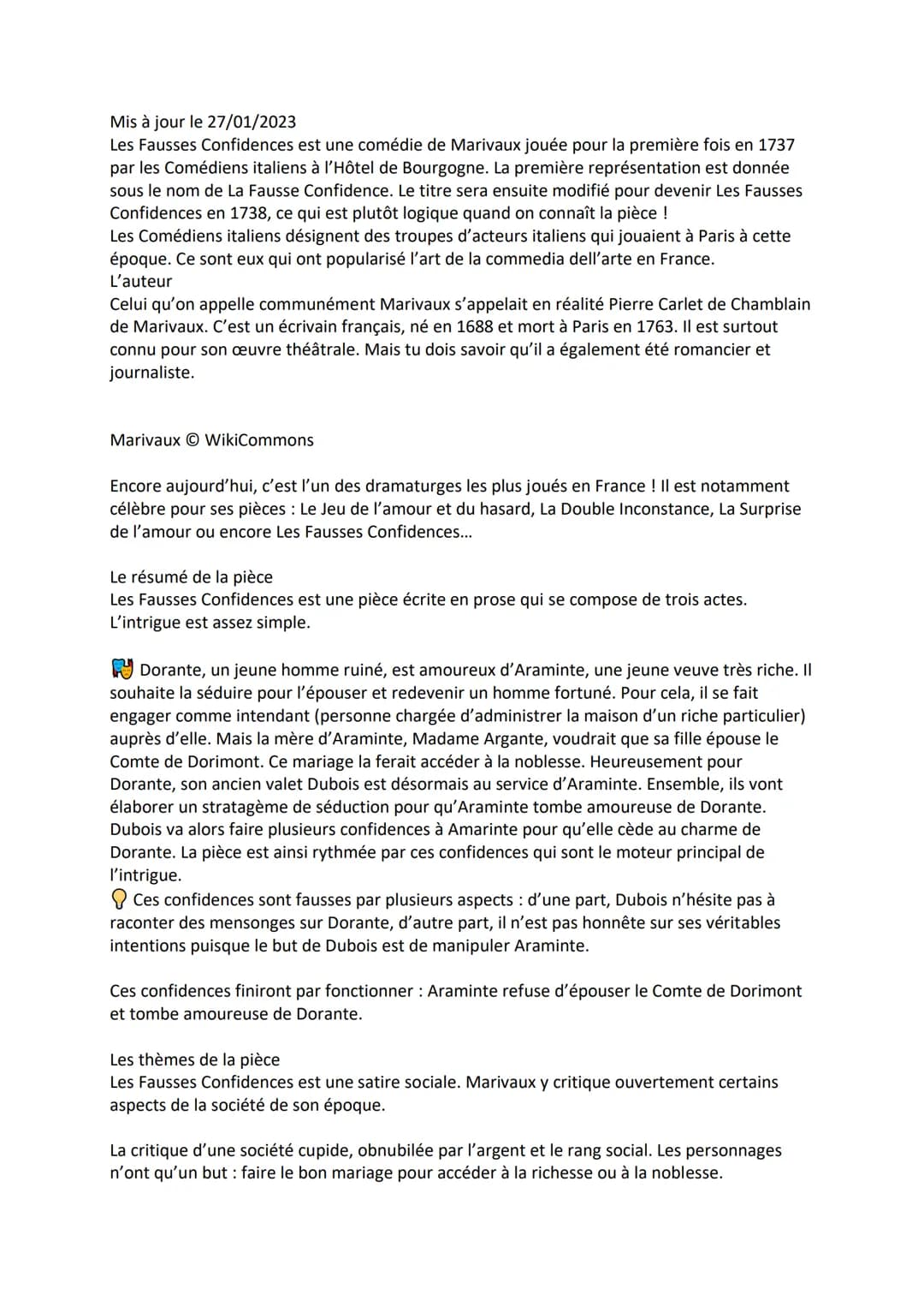 Dissertation : « Les Fausses Confidences » de Marivaux
Fiche de révision et analyse de cette œuvre de Marivaux (1688-
1763) au programme du 