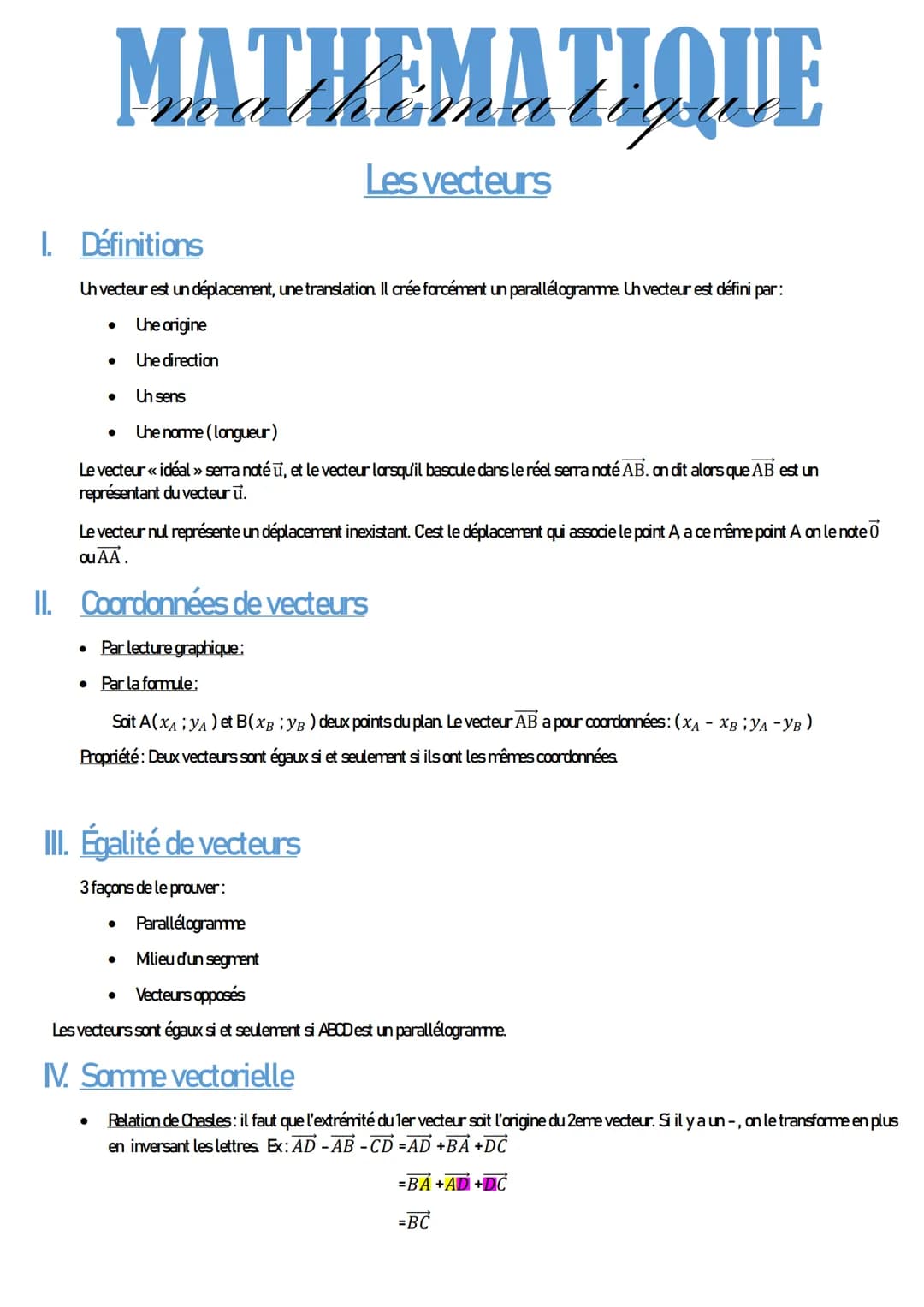 MATHEMATIQUE
Les vecteurs
I. Définitions
Uh vecteur est un déplacement, une translation. Il crée forcément un parallelogramme. Uh vecteur es