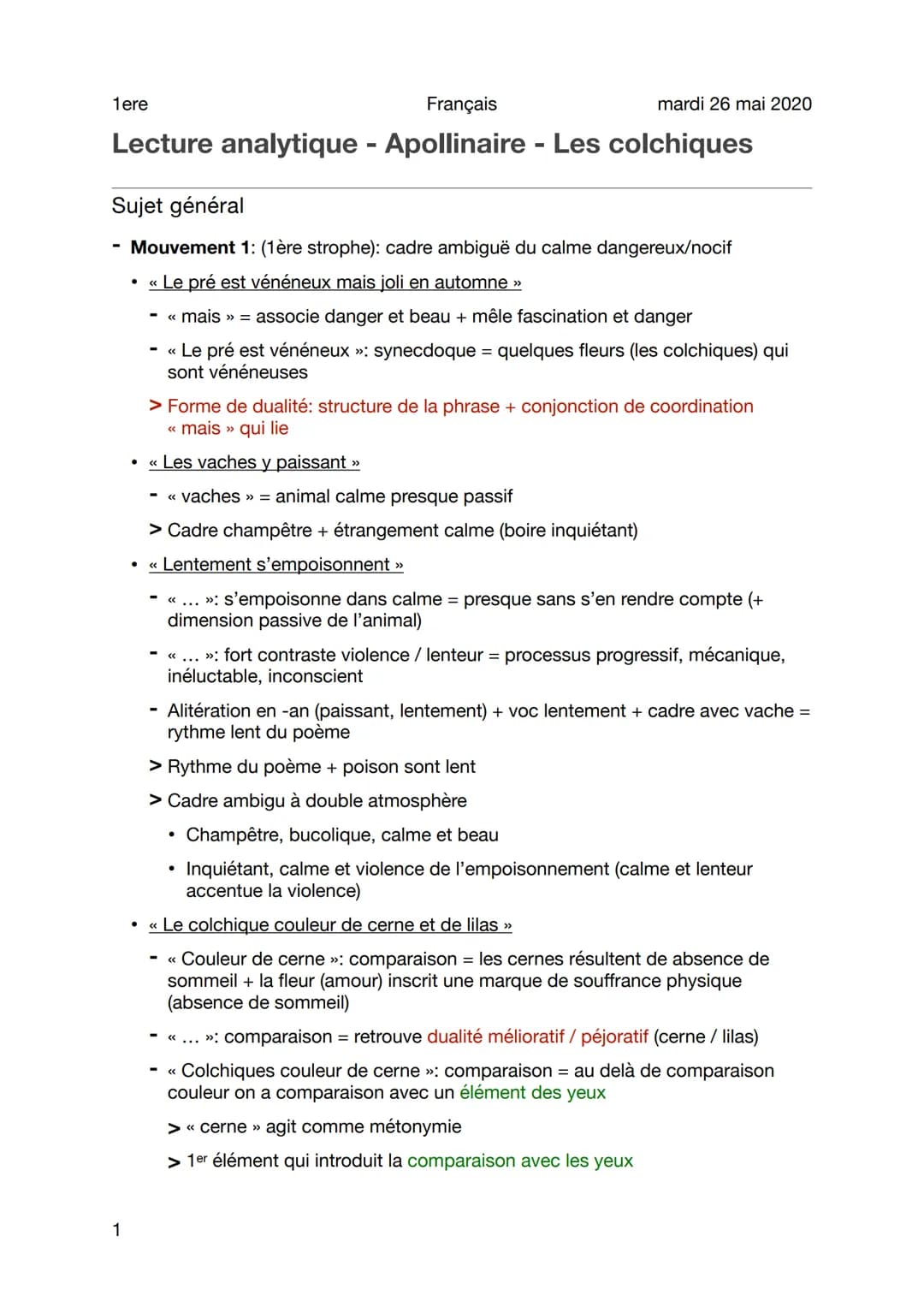 1ere
Français
mardi 26 mai 2020
Lecture analytique - Apollinaire - Les colchiques
Sujet général
Mouvement 1: (1ère strophe): cadre ambiguë d