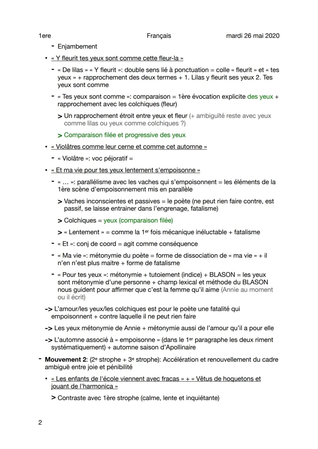 1ere
Français
mardi 26 mai 2020
Lecture analytique - Apollinaire - Les colchiques
Sujet général
Mouvement 1: (1ère strophe): cadre ambiguë d