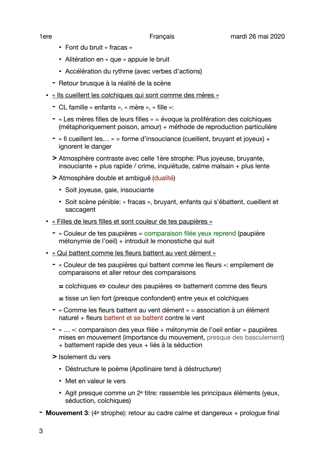 1ere
Français
mardi 26 mai 2020
Lecture analytique - Apollinaire - Les colchiques
Sujet général
Mouvement 1: (1ère strophe): cadre ambiguë d