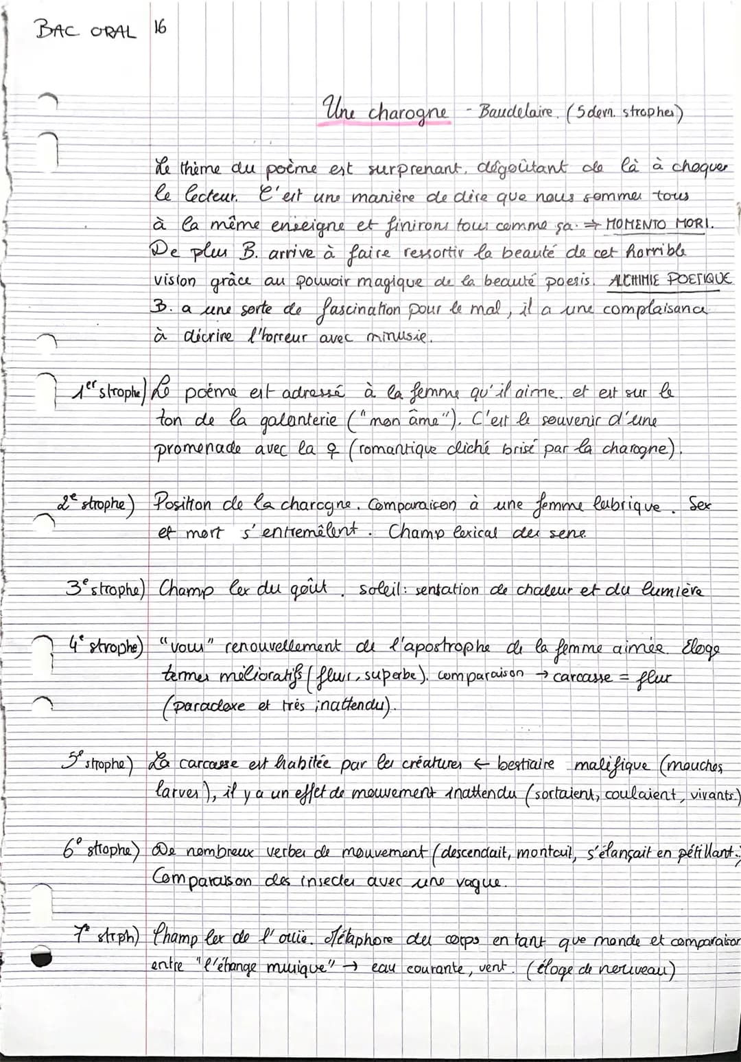 BAC ORAL
Une charogne-Baudelaire. (5 dem. stropher)
là à chaquer
Le thème du poème est surprenant, dégoûtant de
le lecteur. C'est une manièr