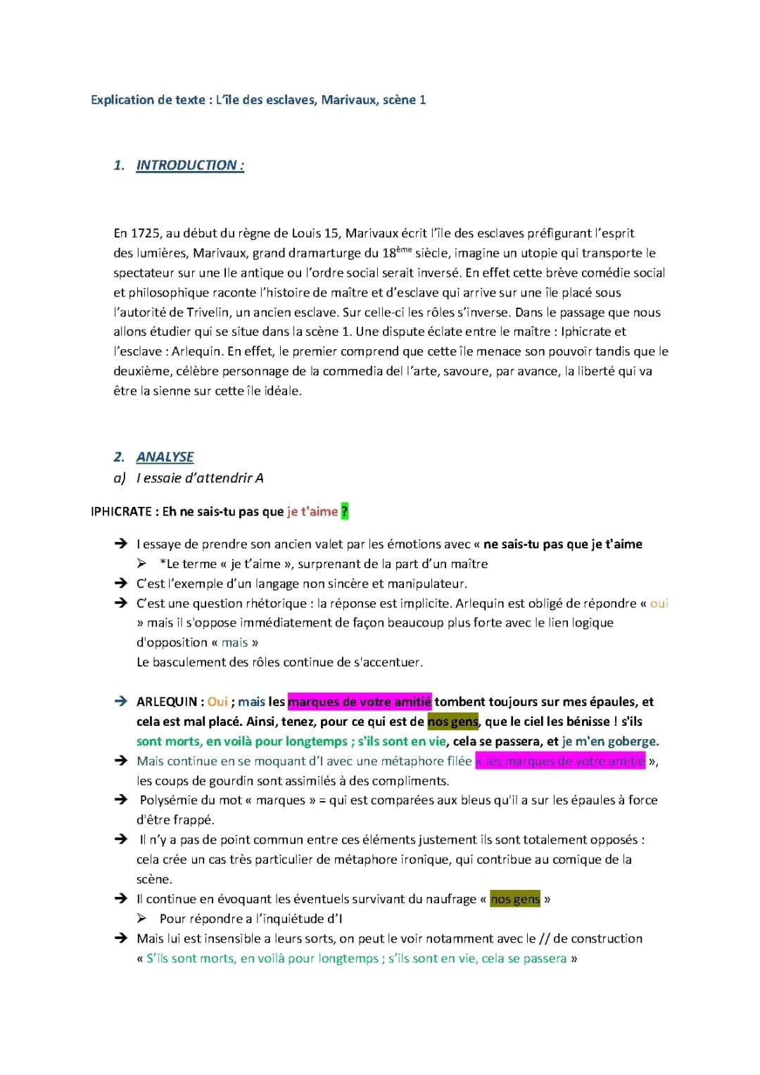 Scène 1 L'île des esclaves Analyse Linéaire - Acte 1 Texte PDF