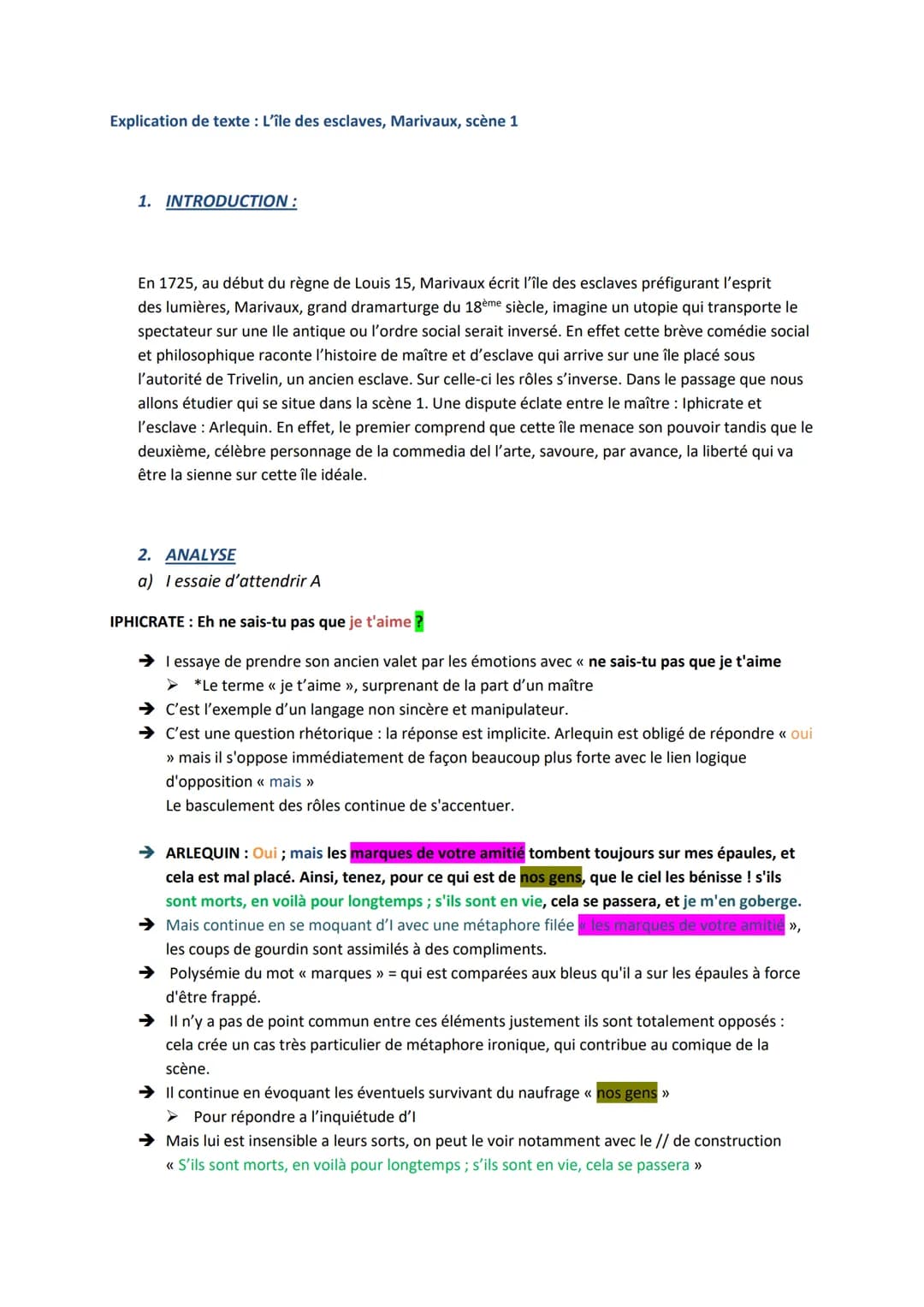 Explication de texte : L'île des esclaves, Marivaux, scène 1
1. INTRODUCTION :
En 1725, au début du règne de Louis 15, Marivaux écrit l'île 