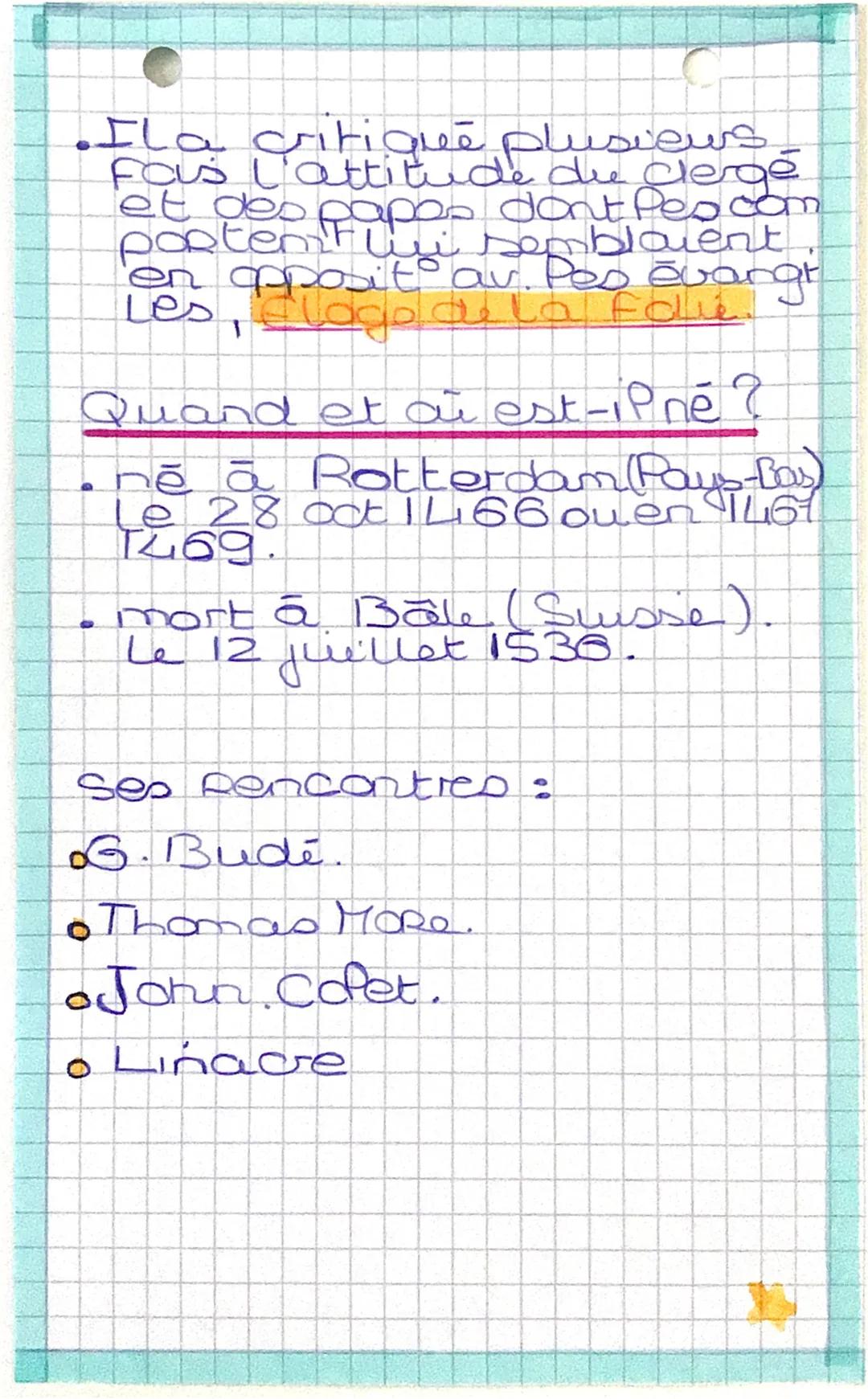 # histoire

Qui est Érasme?
Erasme est un chilosophe
humanistte thelbaren neer-
Landais considéré comme
Le "prince des humaniste.
I'l est Le