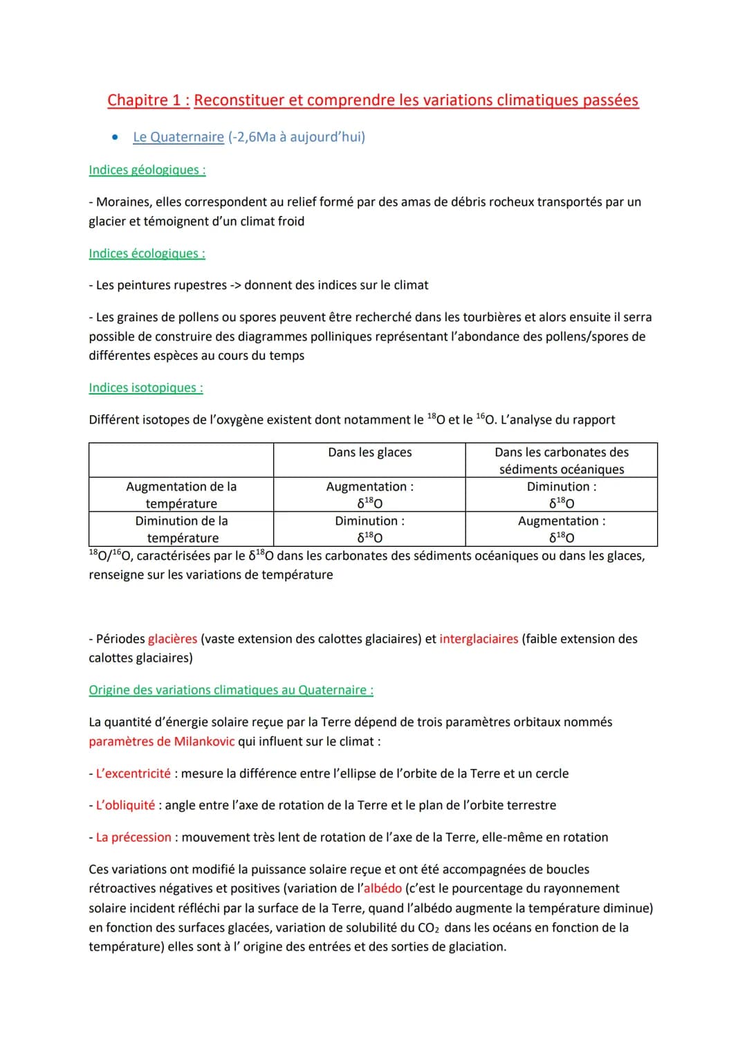 Chapitre 1 : Reconstituer et comprendre les variations climatiques passées
Le Quaternaire (-2,6Ma à aujourd'hui)
Indices géologiques :
- Mor