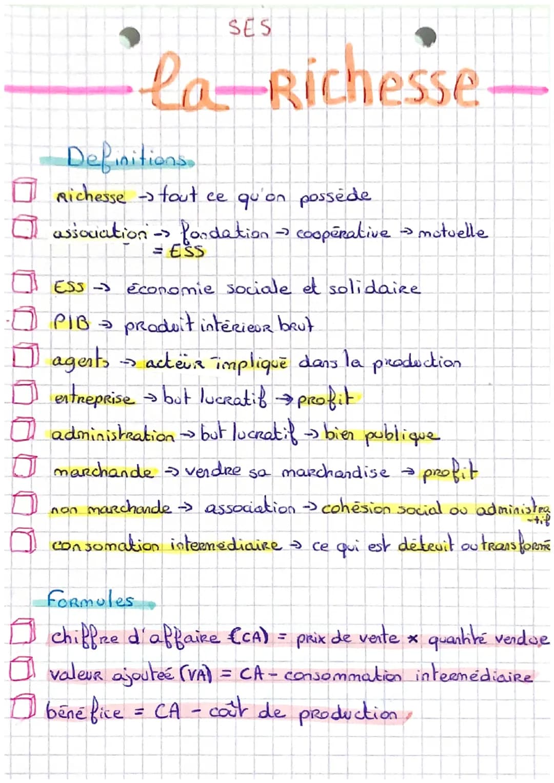SES
ESS →
-la Richesse
Definitions
Richesse →> tout ce qu'on possède
association -> fondation → coopérative → motuelle
=
économie sociale et