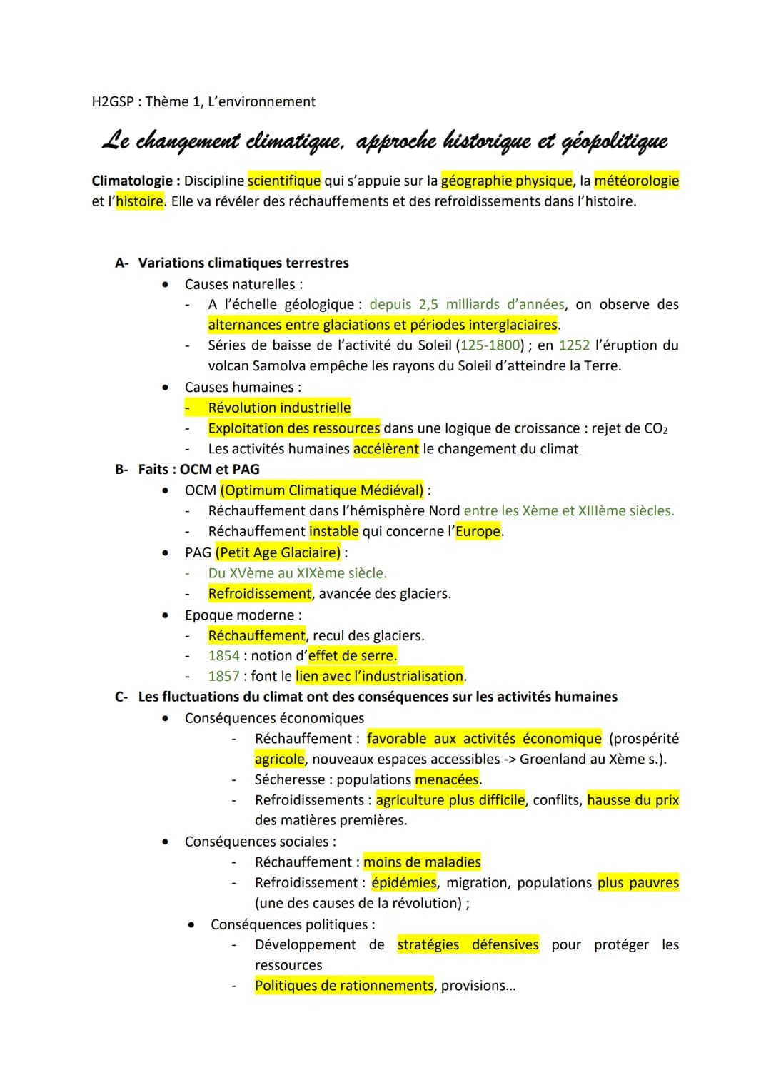 H2GSP Thème 1, L'environnement
Le changement climatique, approche historique et géopolitique
Climatologie : Discipline scientifique qui s'ap