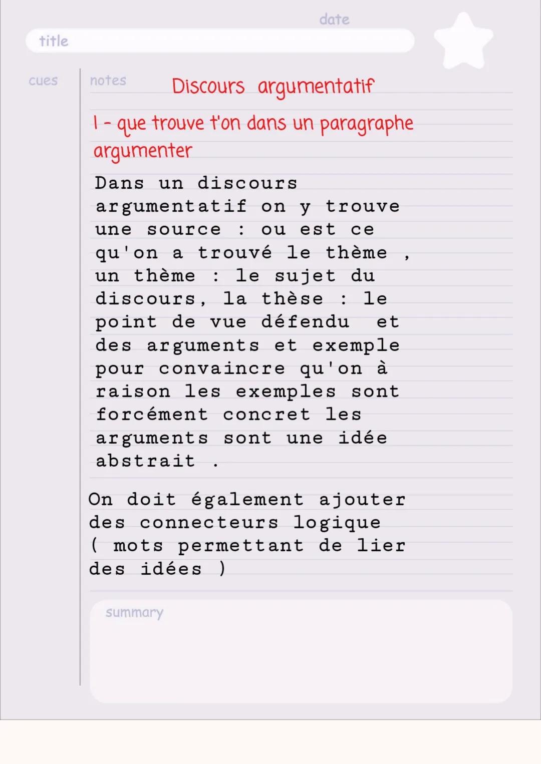 title
cues
date
notes Discours argumentatif
1- que trouve t'on dans un paragraphe
argumenter
Dans un discours
argumentatif on y trouve
une s