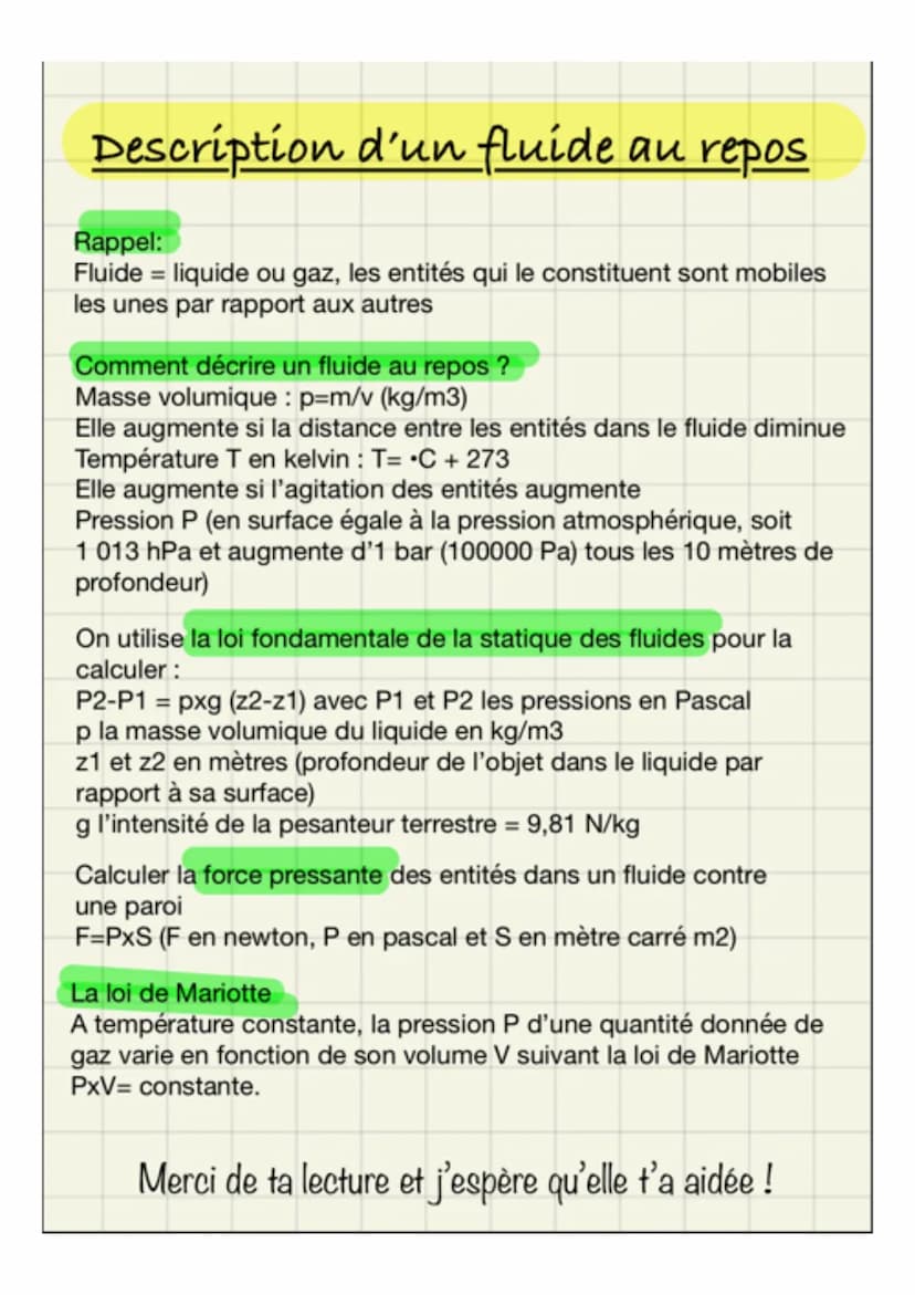 Description d'un fluide au repos
Rappel:
Fluide = liquide ou gaz, les entités qui le constituent sont mobiles
les unes par rapport aux autre