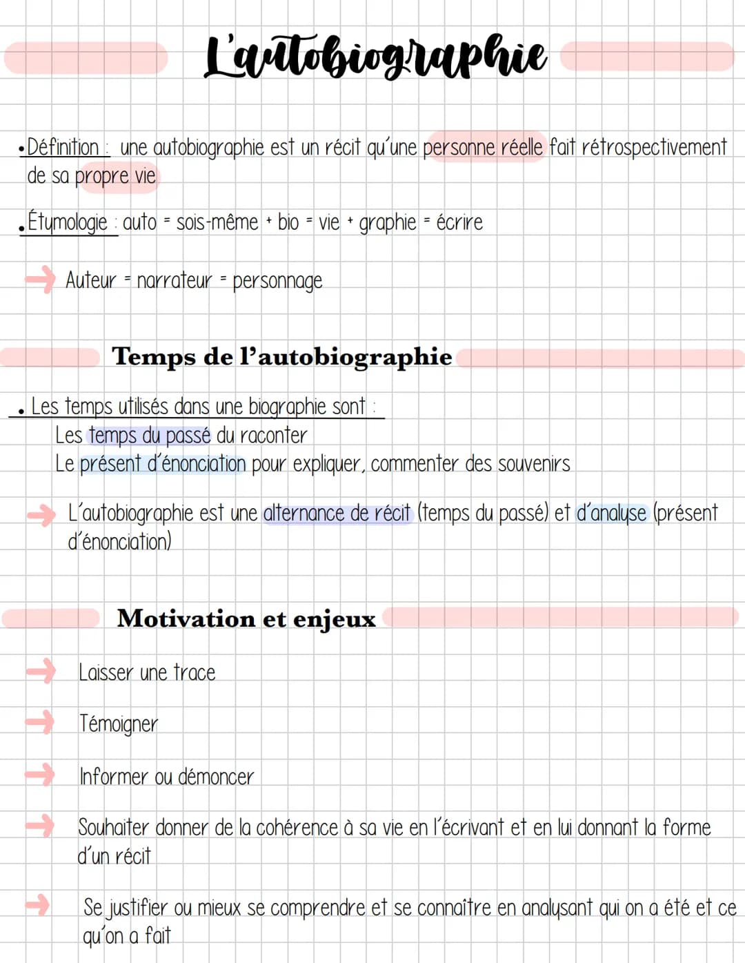 L'autobiographie
•Définition: une autobiographie est un récit qu'une personne réelle fait rétrospectivement
de sa propre vie
● Étymologie : 