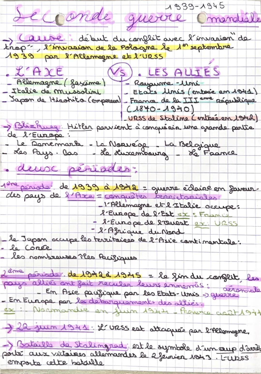 # Le Conflits guerre mondiale 1939-1945

→ Cause : début du conflit avec l'invasion de la Pologne le 1er septembre 1939 par l'Allemagne et l