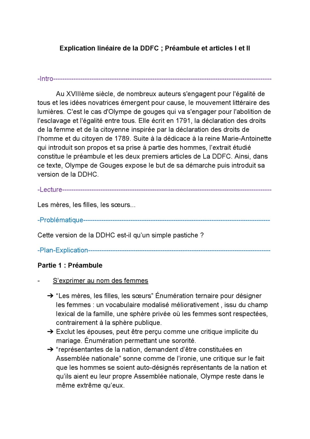 Explication linéaire de la DDFC ; Préambule et articles I et II | Bac de Français