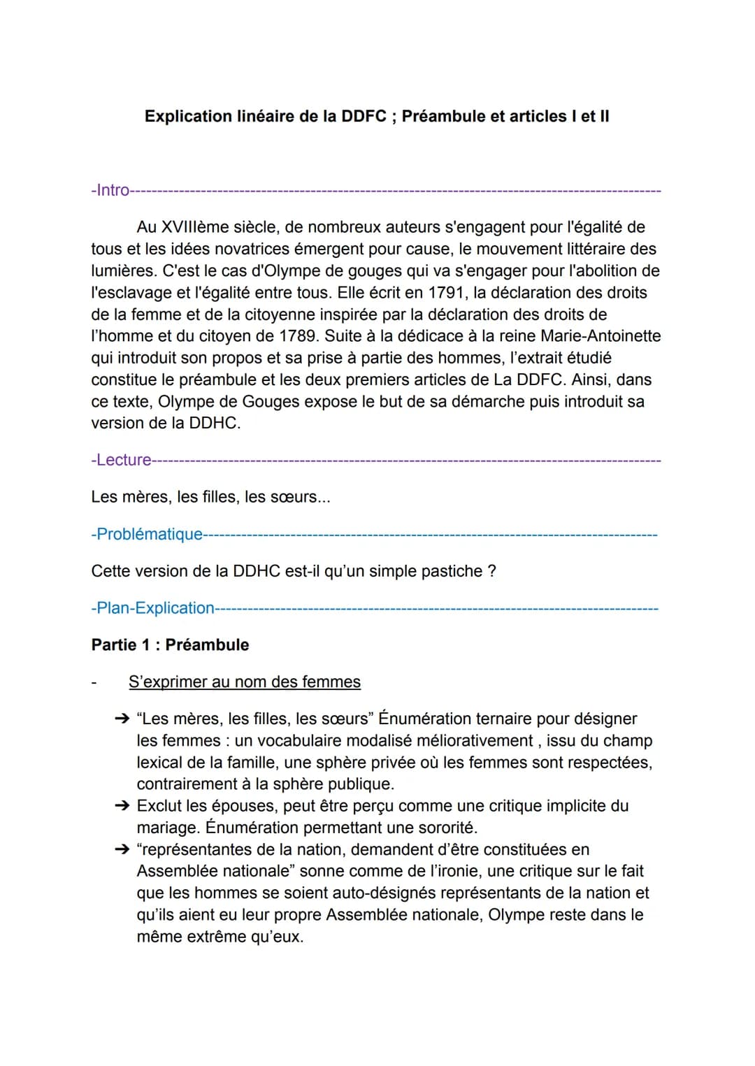 Explication linéaire de la DDFC ; Préambule et articles I et II
-Intro-
Au XVIIIème siècle, de nombreux auteurs s'engagent pour l'égalité de