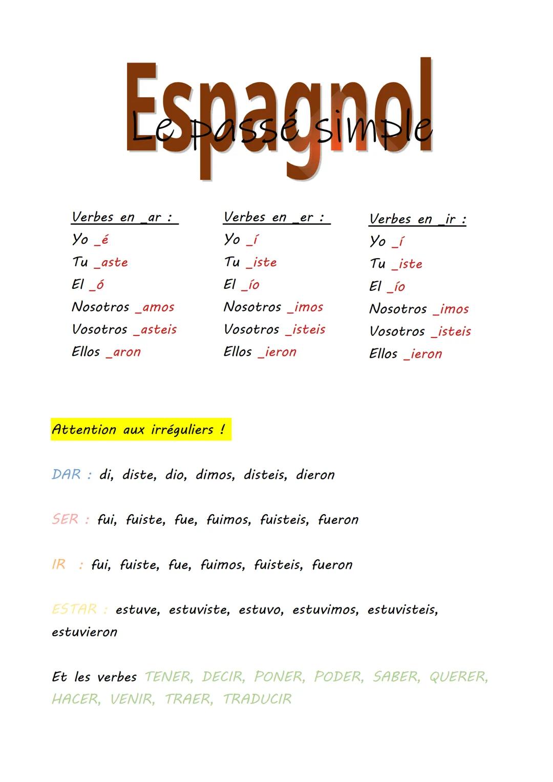 Espagnol
Verbes en ar :
Yo _é
Tu aste
El_ó
Nosotros _amos
Vosotros _asteis
Ellos aron
Verbes en er :
Yo _í
Tu iste
El ío
Nosotros imos
Vosot