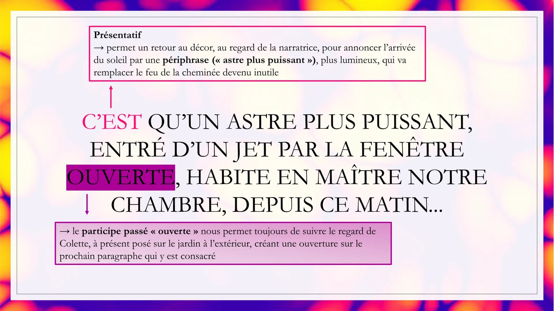Auteur: Colette
LE DERNIER FEU
Date: 1908
Recueil Sido suivi de Les
:
Vrilles de la Vigne
Parcours La célébration du
monde INTRODUCTION
° En