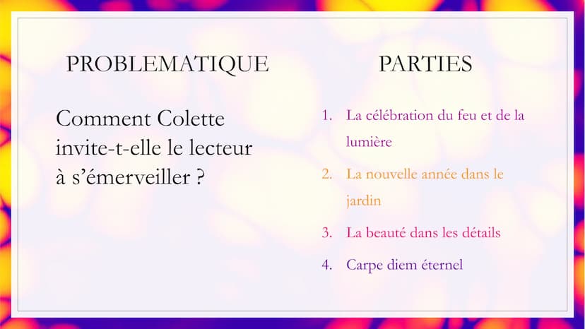 Auteur: Colette
LE DERNIER FEU
Date: 1908
Recueil Sido suivi de Les
:
Vrilles de la Vigne
Parcours La célébration du
monde INTRODUCTION
° En