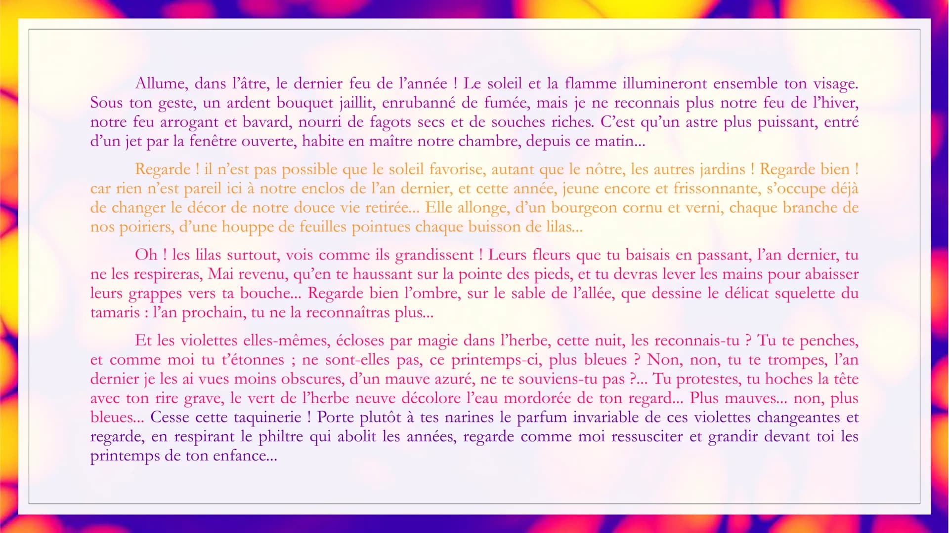 Auteur: Colette
LE DERNIER FEU
Date: 1908
Recueil Sido suivi de Les
:
Vrilles de la Vigne
Parcours La célébration du
monde INTRODUCTION
° En