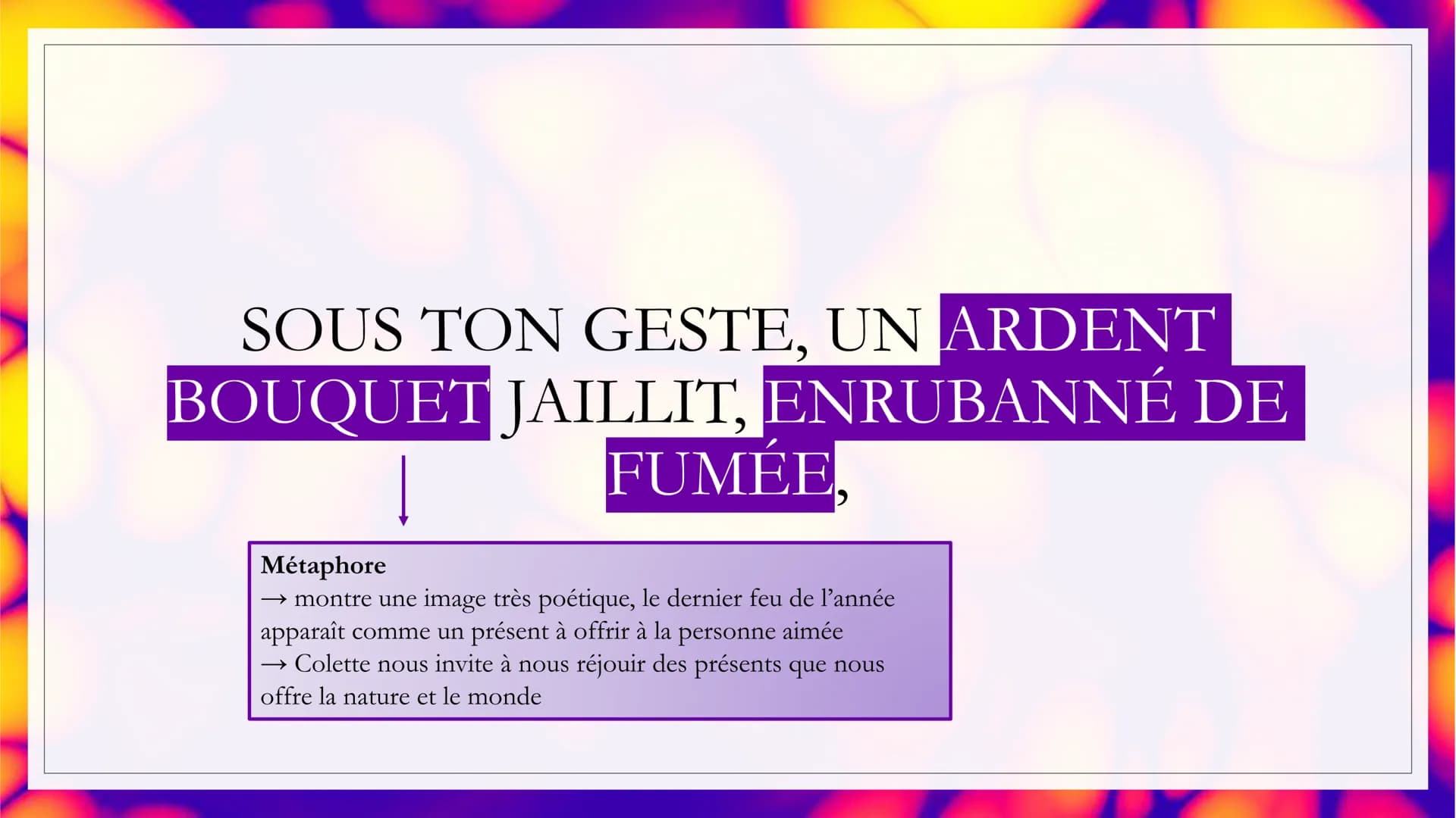 Auteur: Colette
LE DERNIER FEU
Date: 1908
Recueil Sido suivi de Les
:
Vrilles de la Vigne
Parcours La célébration du
monde INTRODUCTION
° En