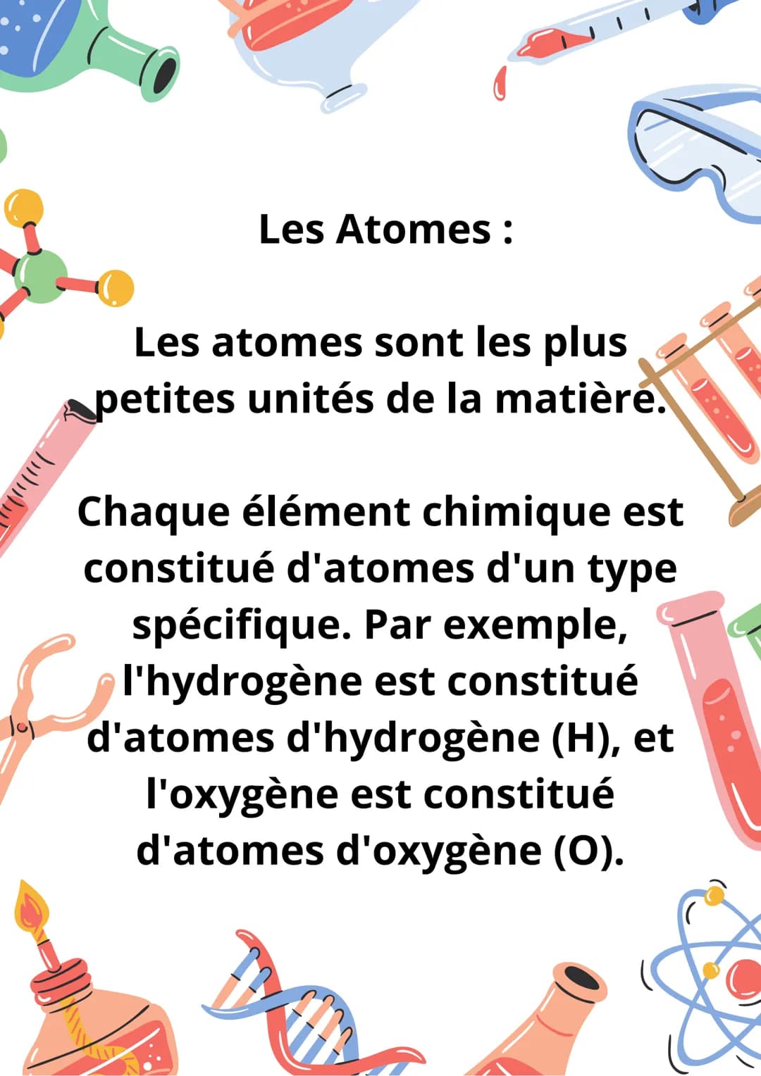 _))))))))
Les
molécules
D
Us ر (٫٫۱٫۱(
Les Atomes:
Les atomes sont les plus
petites unités de la matière.
Chaque élément chimique est
consti