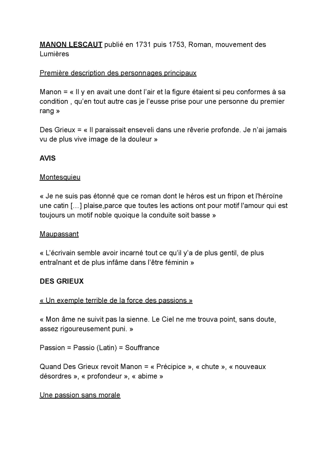 Manon Lescaut : citations et parcours associé, Bac de Français