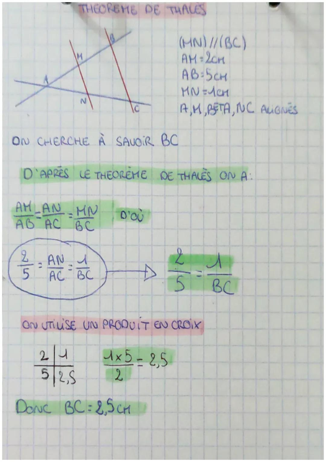 THEOREME DE THALES
z
ON CHERCHE À SAVOIR BC
D'APRÈS LE THEOREME DE THALES ON A:
AMLAN MN
AB AC BC
2/3 AN-22
5
AC BC
D'OÙ
Đ
(MN)//(BC)
AM=2CM