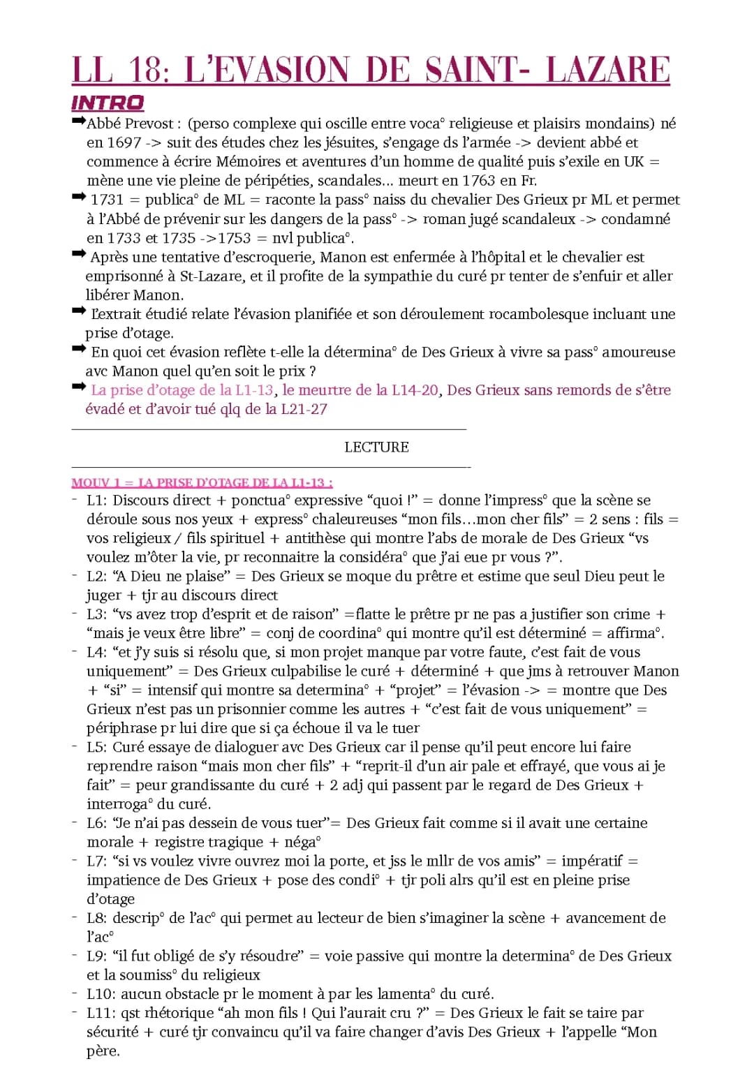 Manon Lescaut : L'évasion de Saint Lazare - Analyse Linéaire