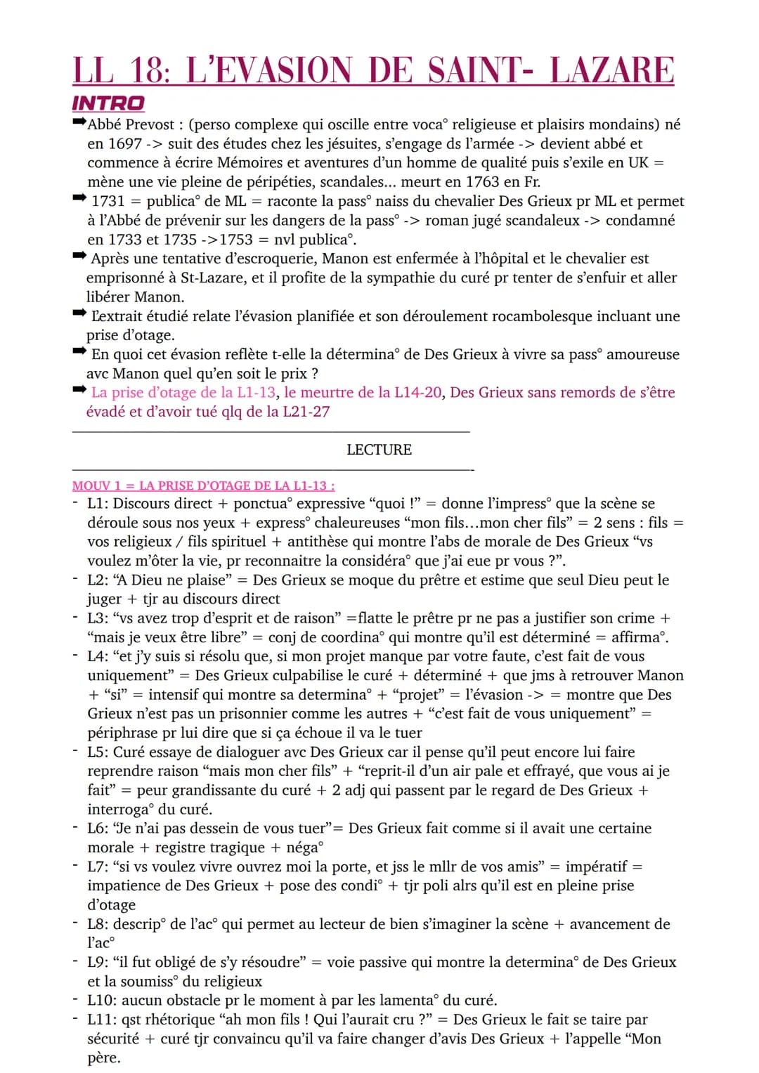 LL 18: L'EVASION DE SAINT-LAZARE
INTRO
➡Abbé Prevost: (perso complexe qui oscille entre voca° religieuse et plaisirs mondains) né
en 1697 ->