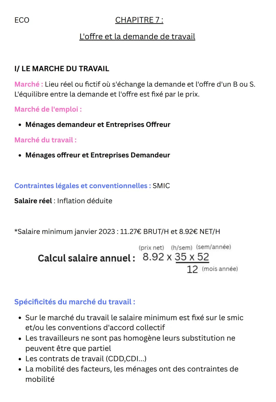 ECO
CHAPITRE 7:
L'offre et la demande de travail
I/ LE MARCHE DU TRAVAIL
Marché: Lieu réel ou fictif où s'échange la demande et l'offre d'un